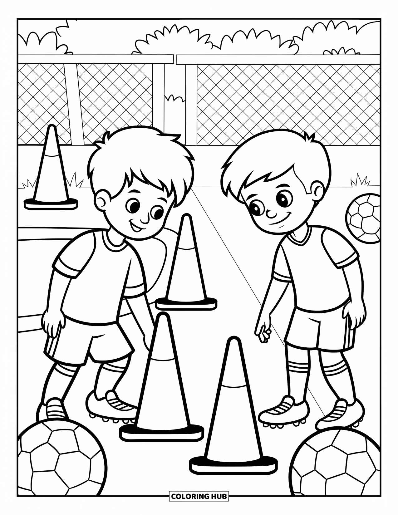 Voetbal Kleurplaat voor Kinderen: Kinderen plaatsen kegels en markeringen op een grasveld omringd door een hek