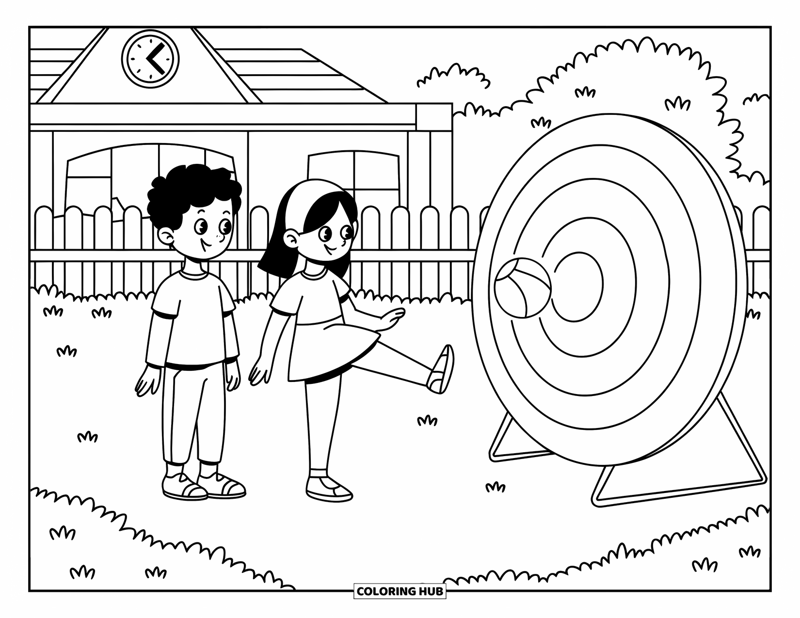 Voetbal Kleurplaat voor Kinderen: Kinderen staan op een grasveld in de buurt van een hek, wachtend om naar een groot doel te schoppen