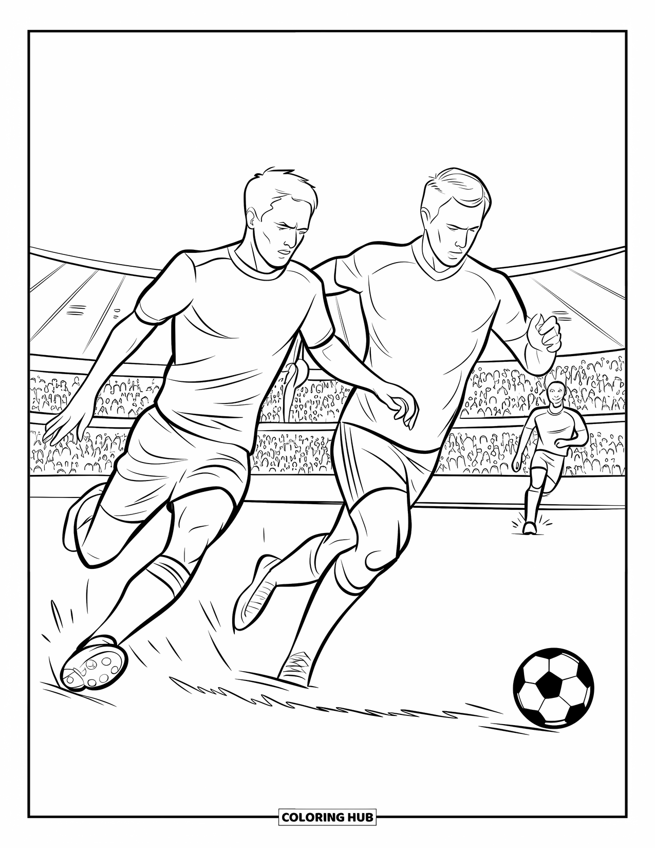 Voetbal Kleurplaat voor Kinderen: Tegenstanders racen om de bal tijdens een wedstrijd voor een stadionpubliek