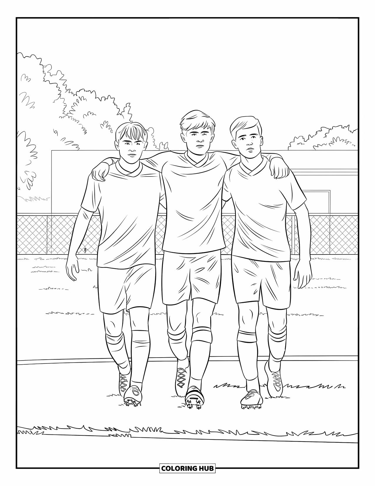 Voetbal Kleurplaat voor Kinderen: Drie tiener spelers lopen samen het veld af na een wedstrijd in de buurt van bomen en gebouwen