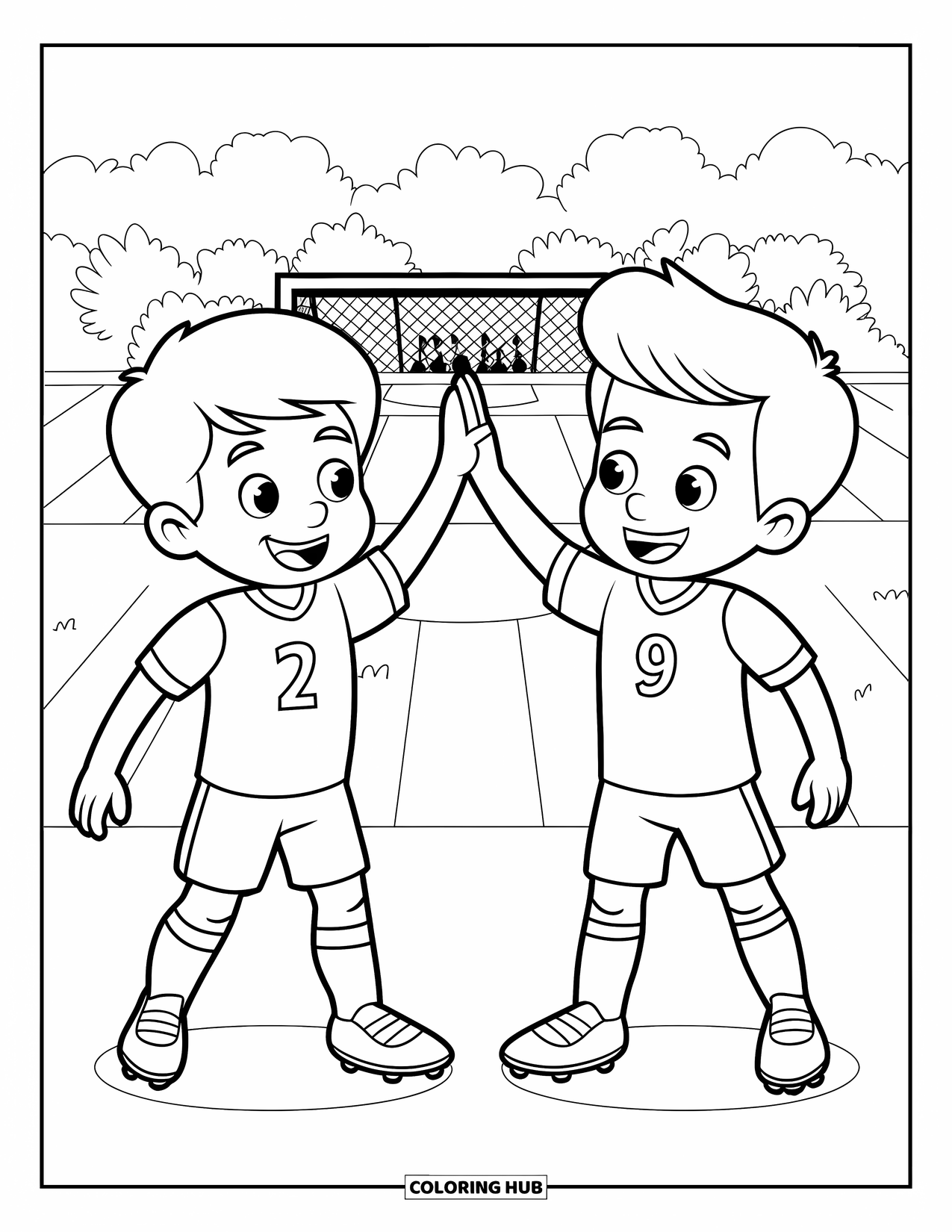 Voetbal Kleurplaat voor Kinderen: Twee kinderen geven elkaar een high-five na een doelpunt op een veld met doelen en een juichende menigte