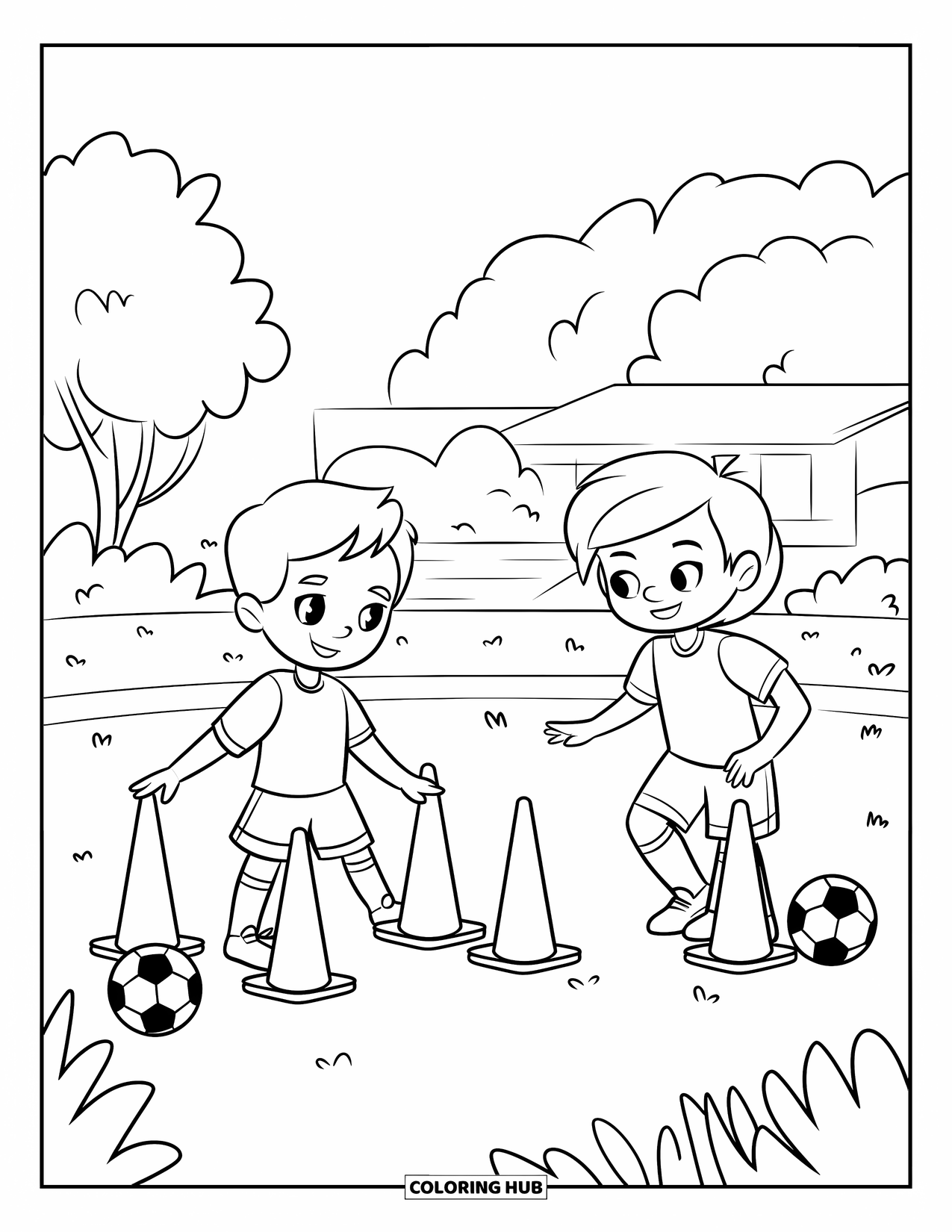Voetbal Kleurplaat voor Kinderen: Twee kinderen zetten kegels en voetballen op een veld in de buurt van bomen en een gebouw