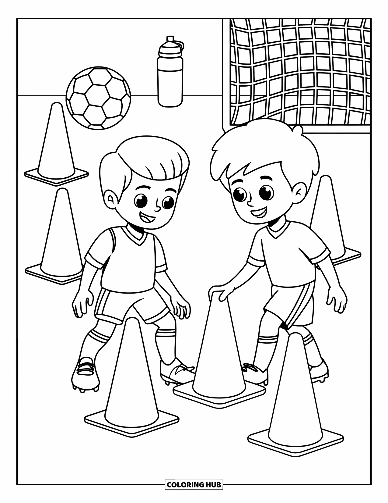 Voetbal Kleurplaat voor Kinderen: Twee kinderen zetten kegels op bij een net met een bal en een waterfles in de buurt