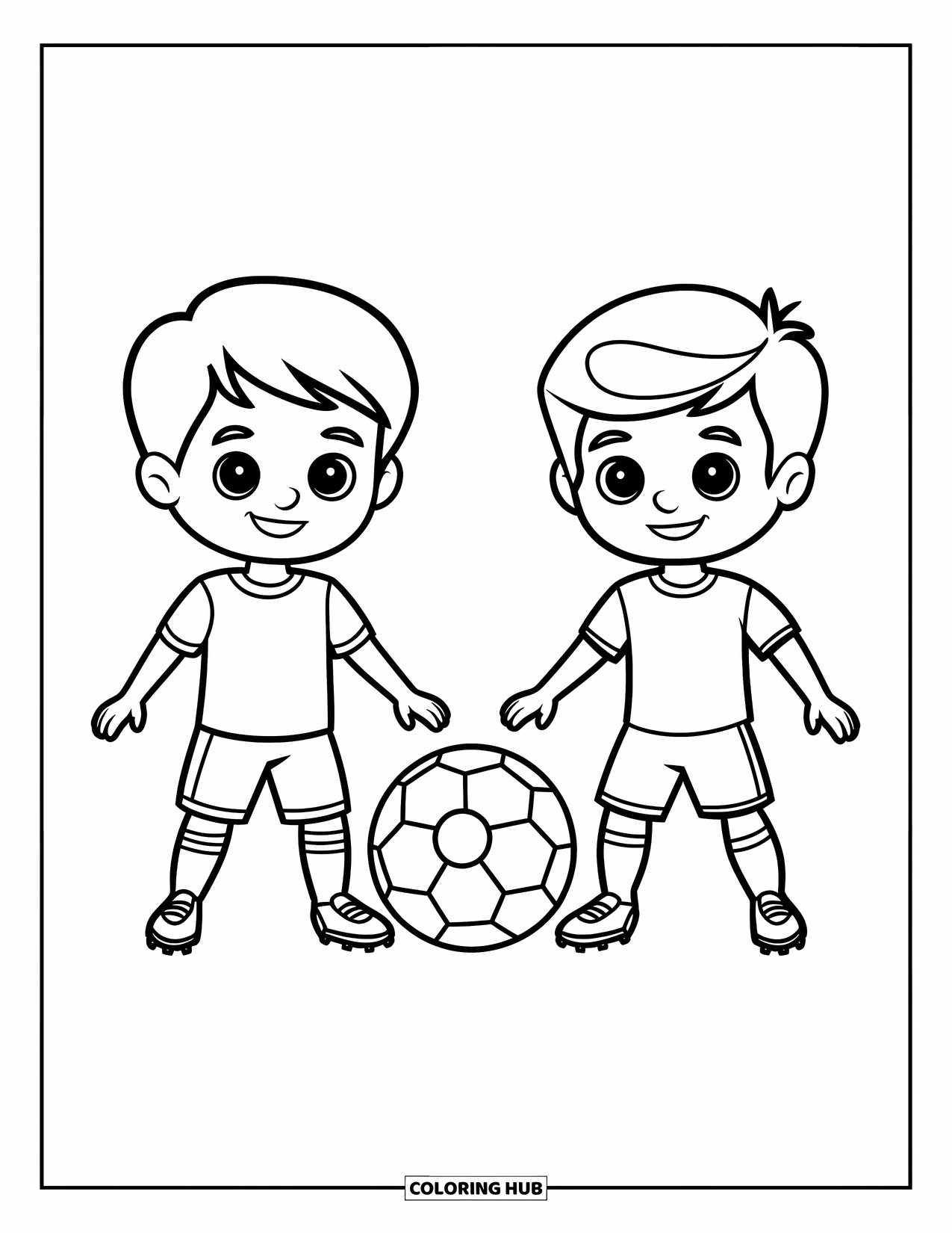 Voetbal Kleurplaat voor Kinderen: Twee kinderen staan tegenover elkaar, klaar om de wedstrijd af te trappen