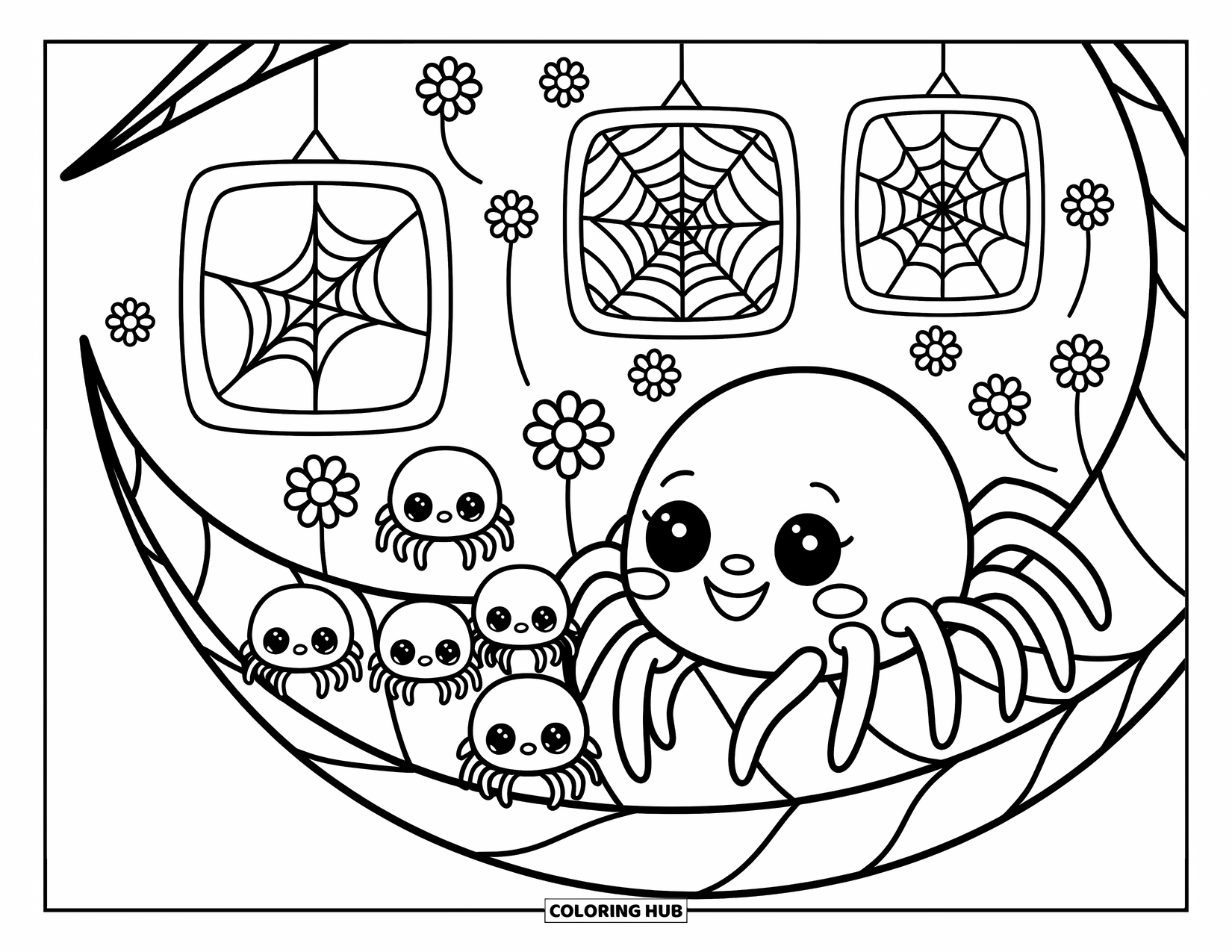 Spinnen-Ausmalbild für Erwachsene: Eine fröhliche Spinne führt Babyspinnen durch ein Netzmuseum, das in einem eingerollten Blatt versteckt ist.