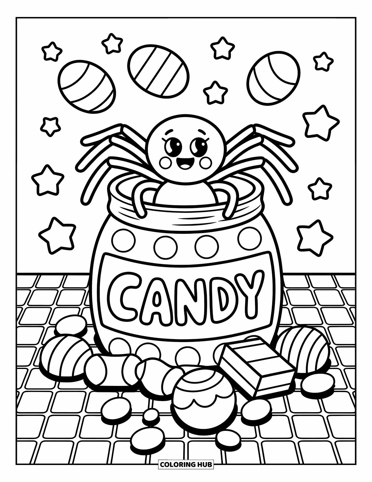 Spinnen-Ausmalbild für Erwachsene: Eine fröhliche Spinne springt aus einem Bonbonglas, während Gummibärchen über den Tisch hüpfen.