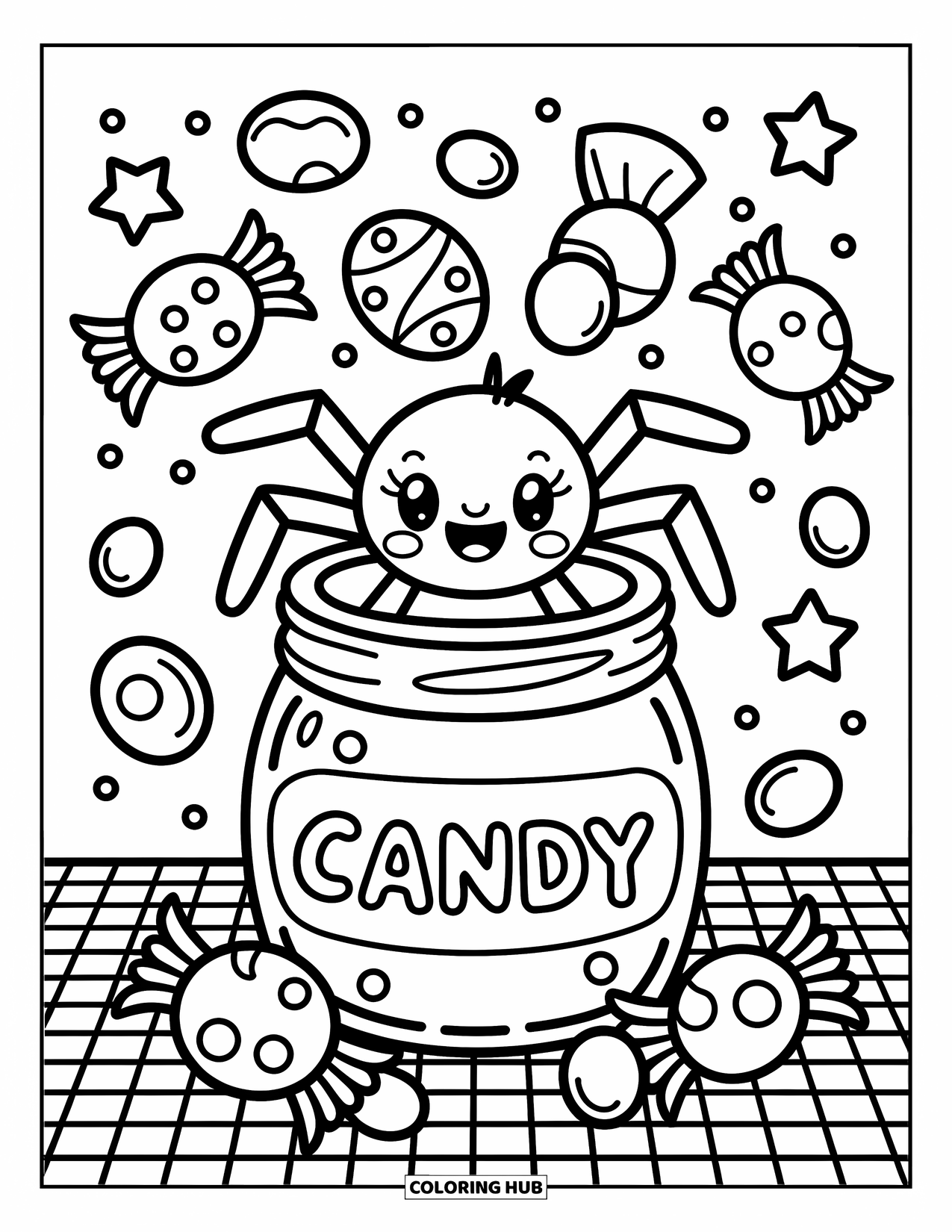 Spinnen-Ausmalbild für Erwachsene: Eine fröhliche Spinne überrascht aus einem Bonbonglas, während Süßigkeiten über den Tisch hüpfen.