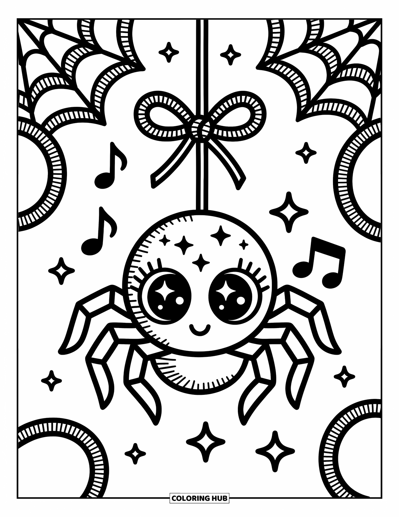 Spinnen-Ausmalbild für Erwachsene: Eine fröhliche Spinne mit funkelnden Augen schwingt an einem Bandfaden durch Sterne und Musik.