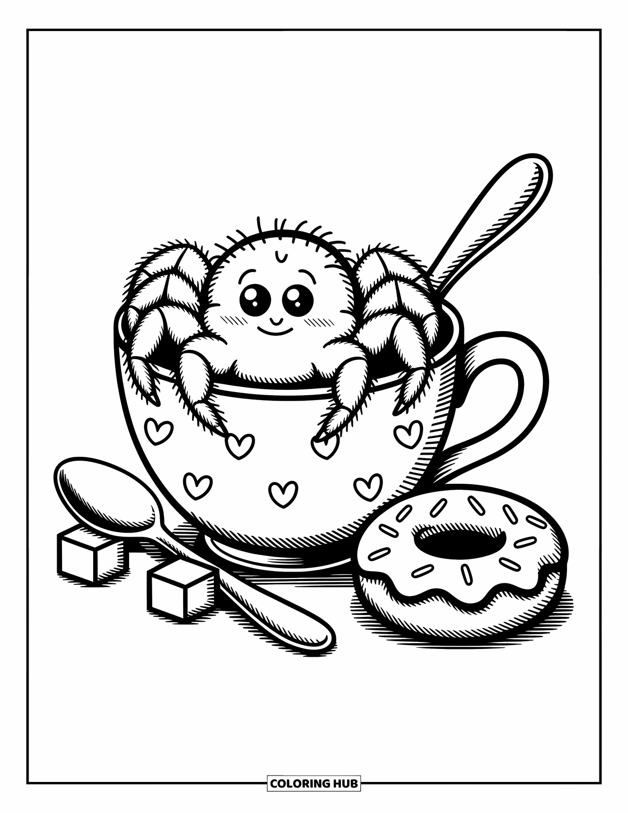 Spinnen-Ausmalbild für Erwachsene: Eine pummelige Spinne lugt aus einer Teetasse mit Herzen hervor, neben Donuts und Zuckerwürfeln.