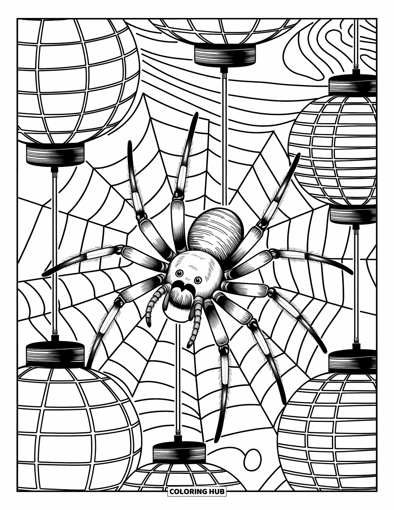 Spinnen-Ausmalbild für Erwachsene: Eine Nahaufnahme einer Spinne webt ihr Netz in der Nähe von Laternen, umgeben von sanften, wirbelnden Mustern.