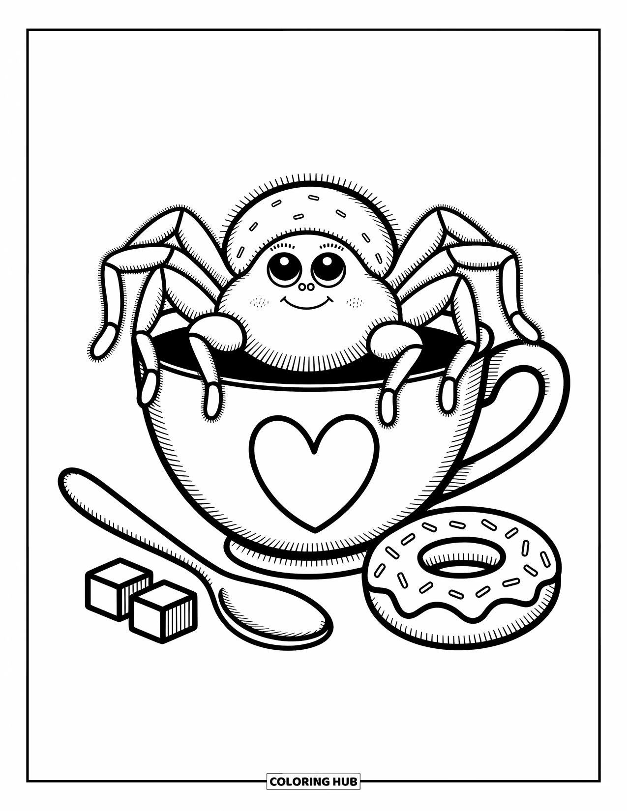 Spinnen-Ausmalbild für Erwachsene: Eine neugierige Spinne lehnt sich aus einer Teetasse, während Süßigkeiten und ein Löffel in der Nähe liegen.