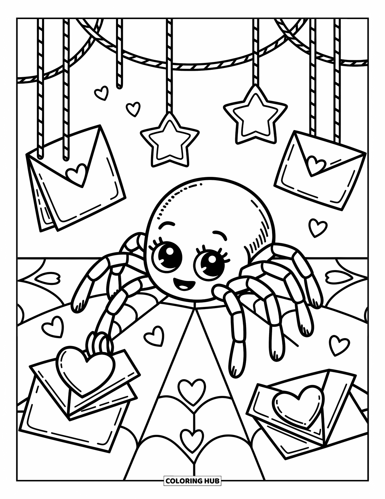 Spinnen-Ausmalbild für Erwachsene: Eine neugierige Spinne greift nach einer herzförmigen Notiz in einem Netz voller winziger Post.