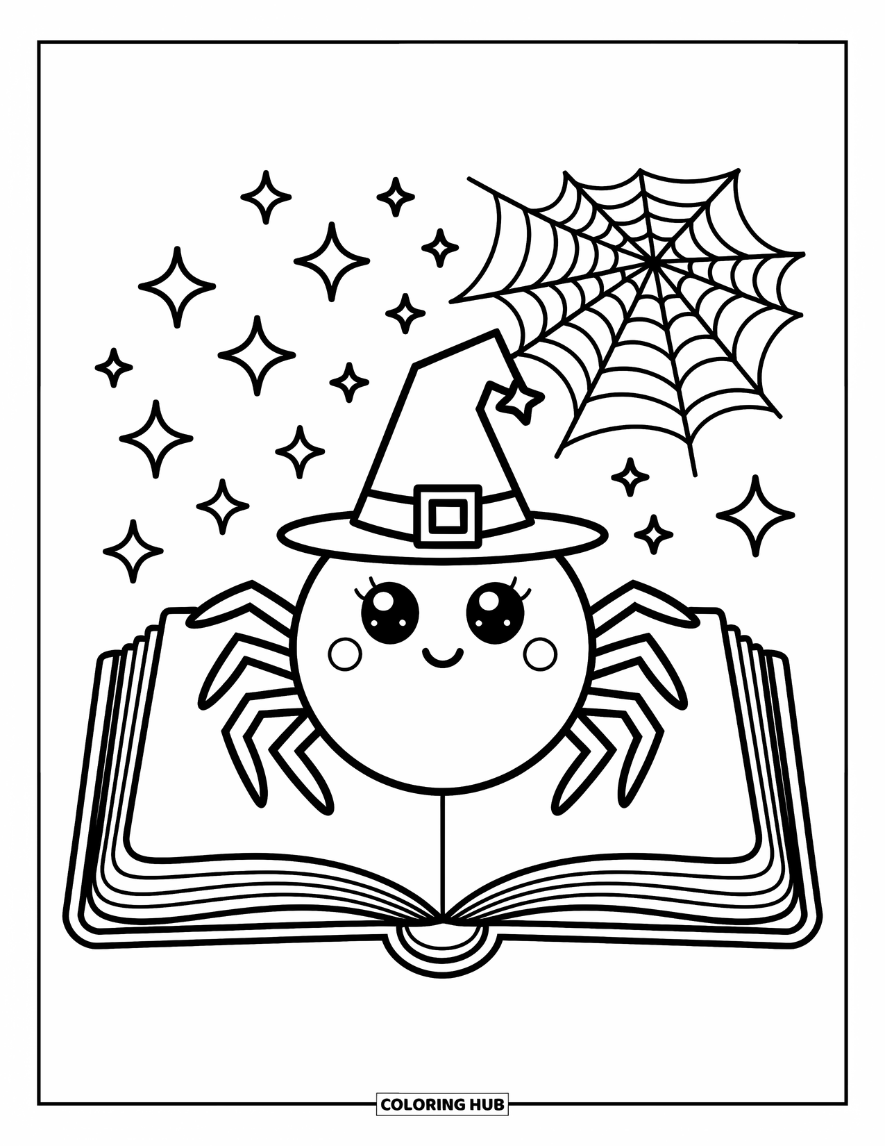 Spinnen-Ausmalbild für Erwachsene: Eine süße Spinne mit einem Zaubererhut kuschelt sich in eine funkelnde Märchenbuchszene.