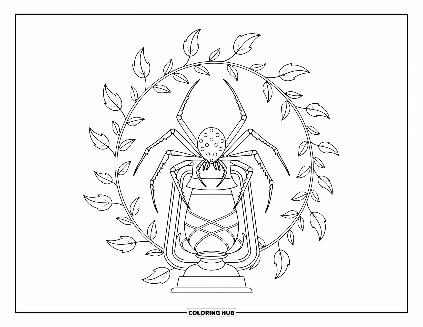 Spinnen-Ausmalbild für Erwachsene: Eine zarte Spinne sitzt auf einer Laterne, umrahmt von wirbelndem Efeu und anmutigen Dekorationen.