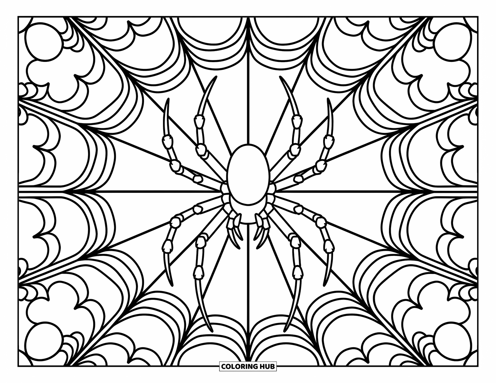 Spinnen-Ausmalbild für Erwachsene: Eine detaillierte Spinne und ein Netz erstrahlen mit Buntglascharme und wirbelnden dekorativen Motiven.
