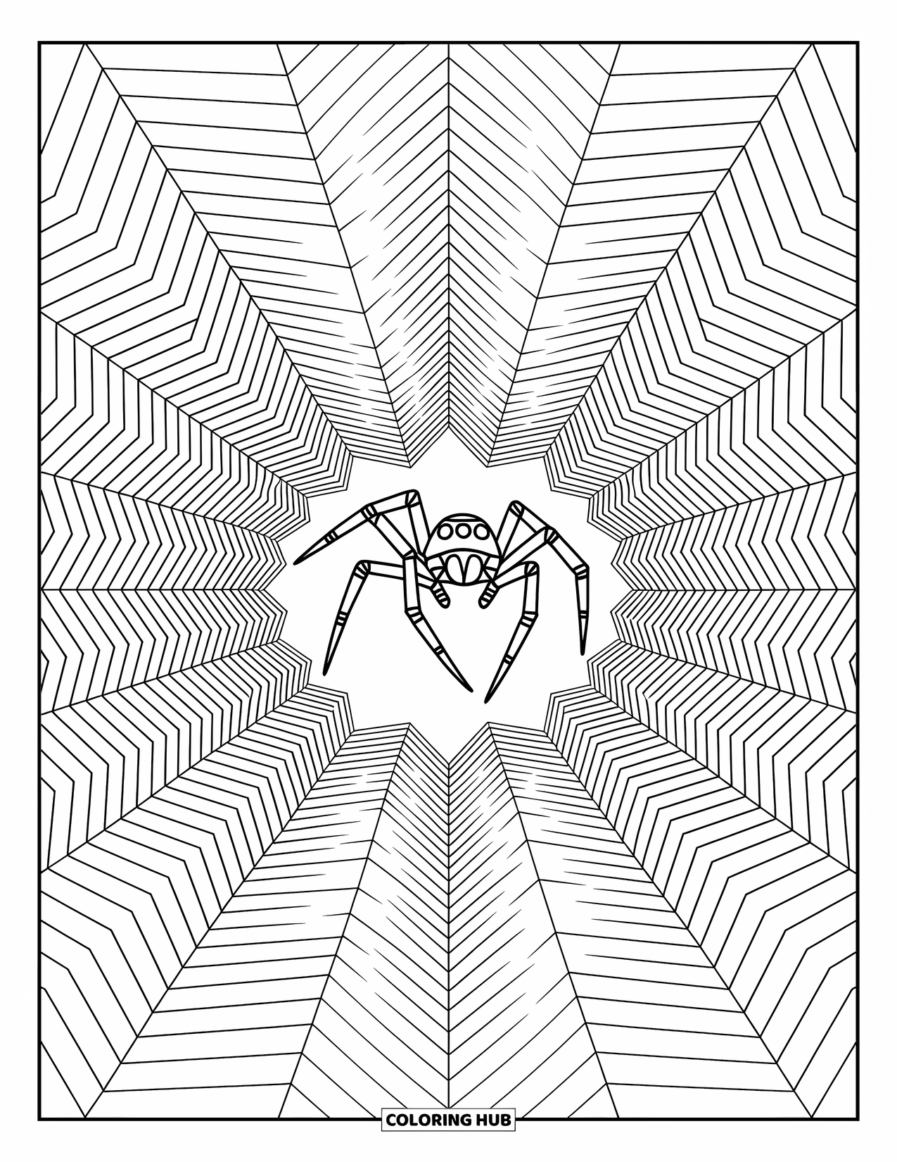 Spinnen-Ausmalbild für Erwachsene: Eine anmutige Spinne springt durch ein Labyrinth aus Diamanten und Dreiecken.