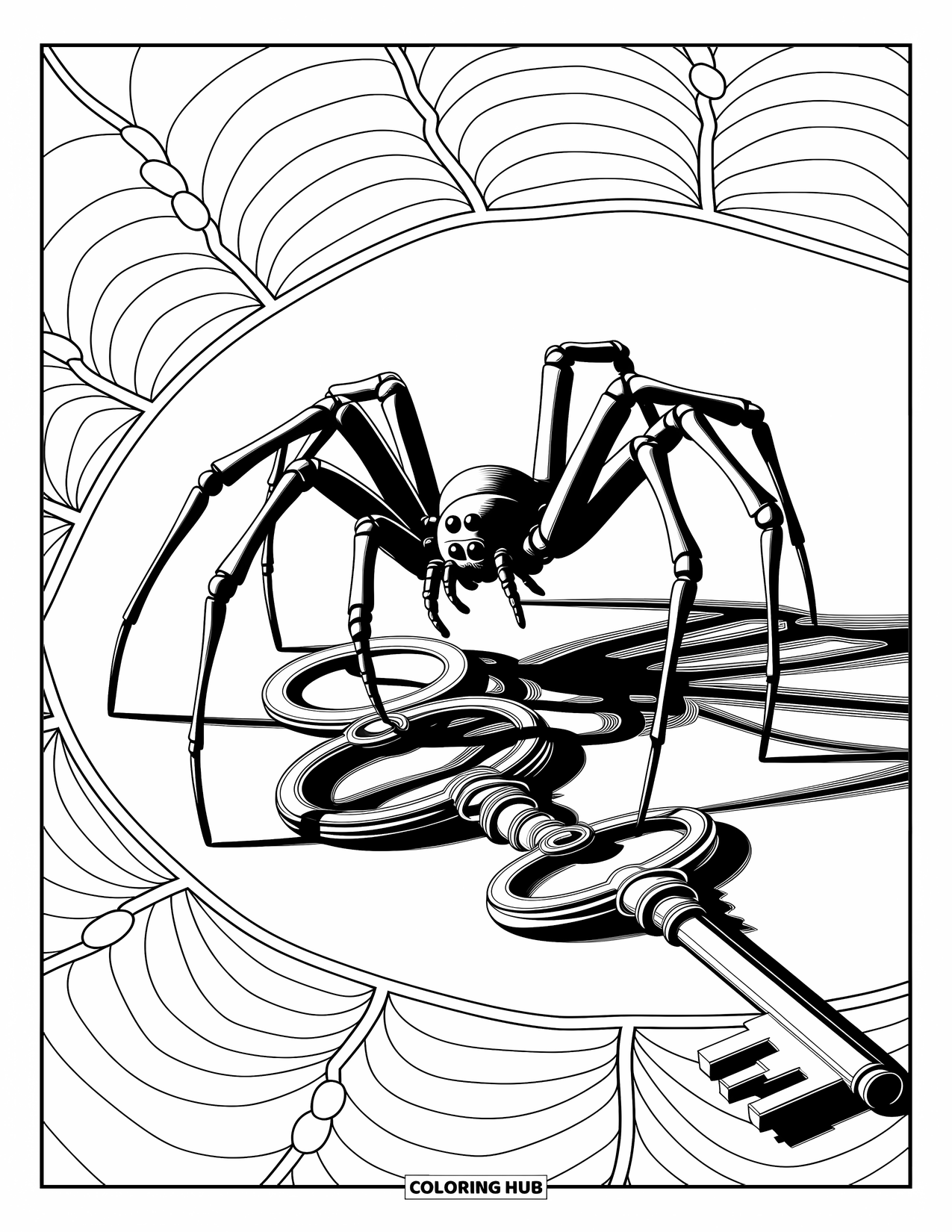 Spinnen-Ausmalbild für Erwachsene: Eine anmutige Spinne ruht auf antiken Schlüsseln, umgeben von wirbelnden, eleganten Mustern.