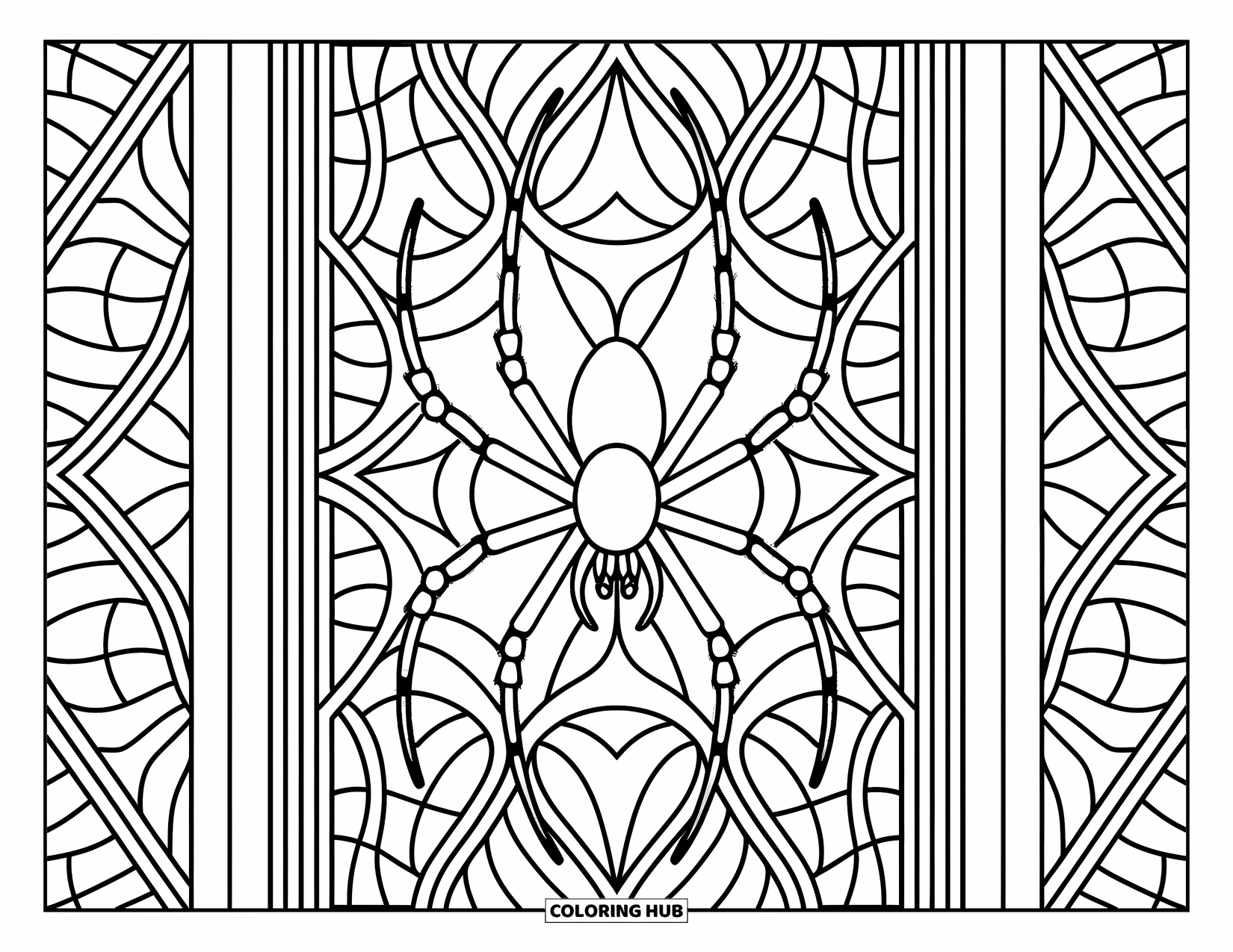 Spinnen-Ausmalbild für Erwachsene: Eine anmutige Spinne sitzt in einem vernetzten Fenster, umgeben von fließenden, komplizierten Musterdesigns.