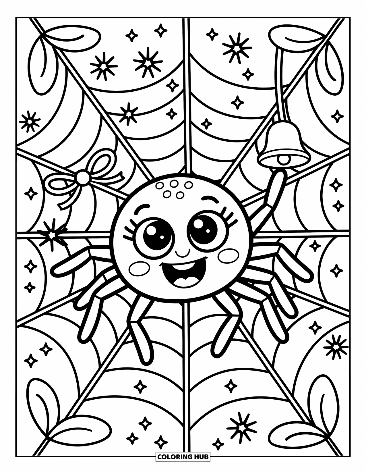 Spinnen-Ausmalbild für Erwachsene: Eine glückliche Spinne greift danach, eine winzige Glocke an ihrem verzierten, sternenübersäten Netz aufzuhängen.