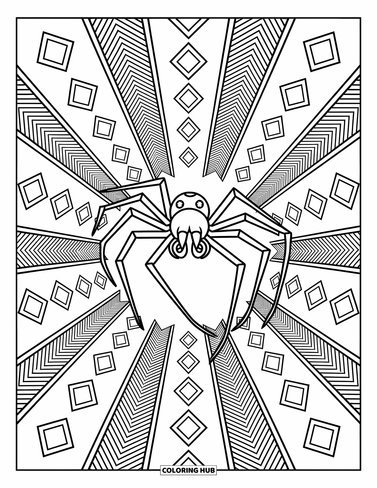 Spinnen-Ausmalbild für Erwachsene: Eine springende Spinne bewegt sich durch einen Tunnel voller auffälliger Formen.