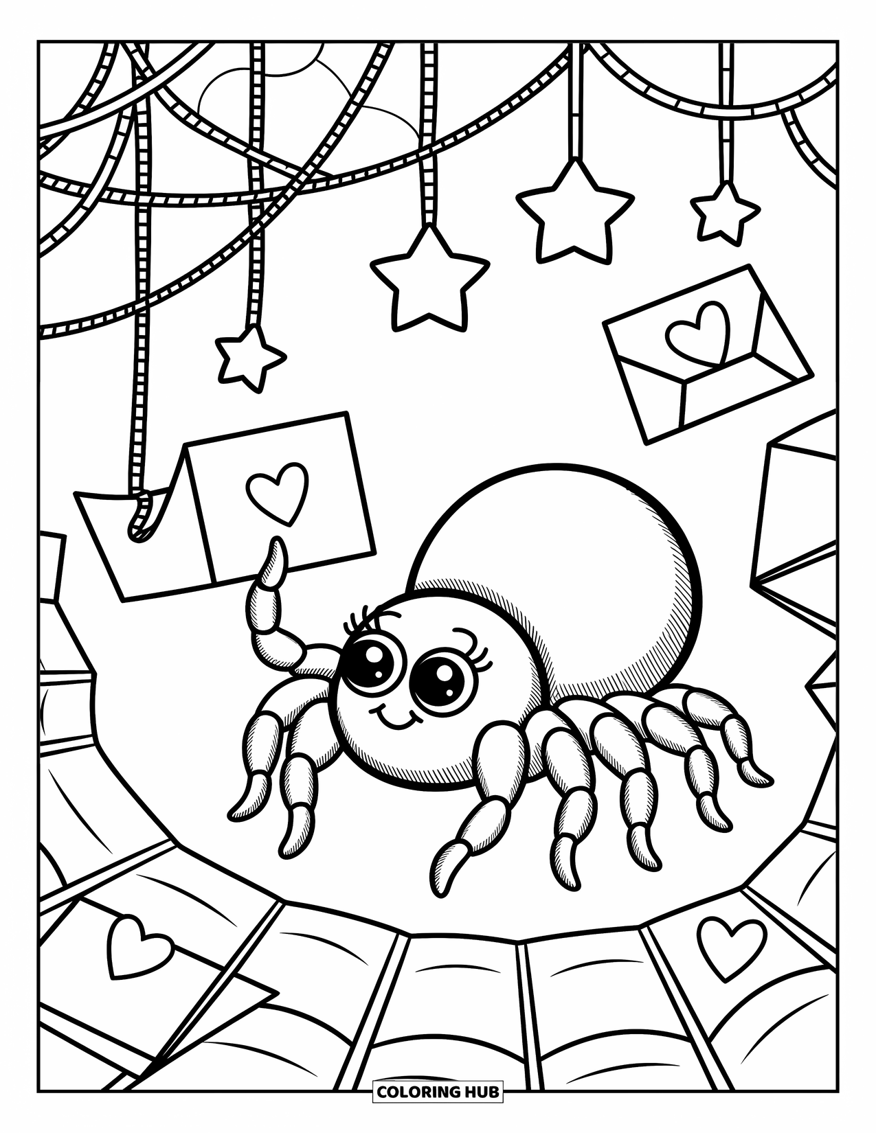 Spinnen-Ausmalbild für Erwachsene: Eine kleine Spinne findet Magie in einem Postnetz voller Herzen und winziger Überraschungen.