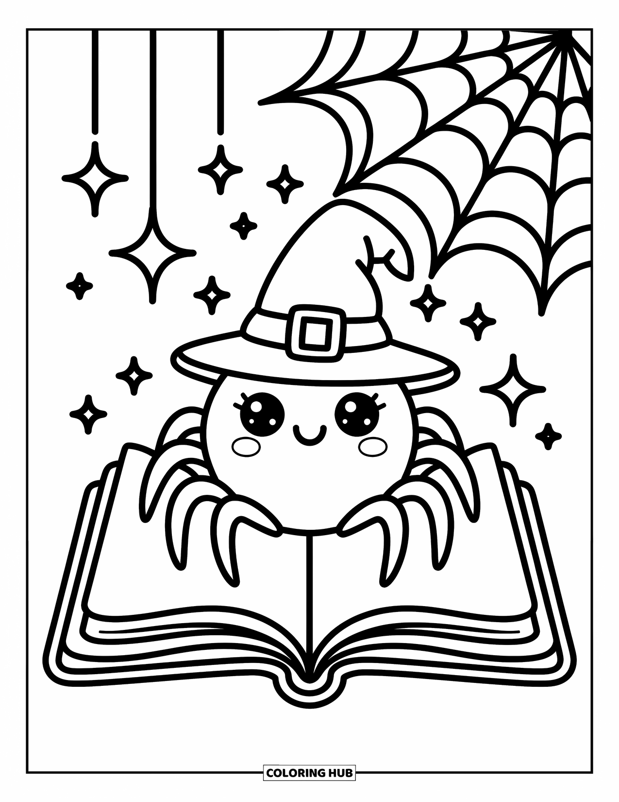 Spinnen-Ausmalbild für Erwachsene: Eine magische Spinne mit einem Zaubererhut sitzt in einem Märchenbuch mit Glitzer überall