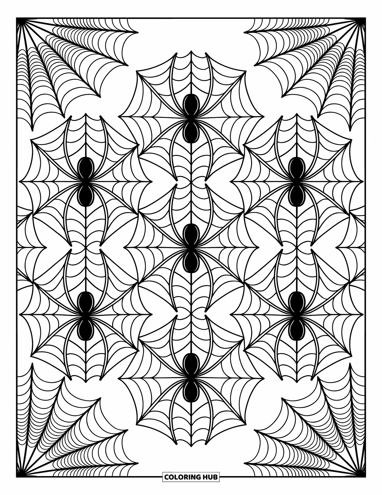 Spinnen-Ausmalbild für Erwachsene: Ein Netzwerk von Spinnen und Netzen bildet eine ruhige und wunderschön gemusterte Szene.