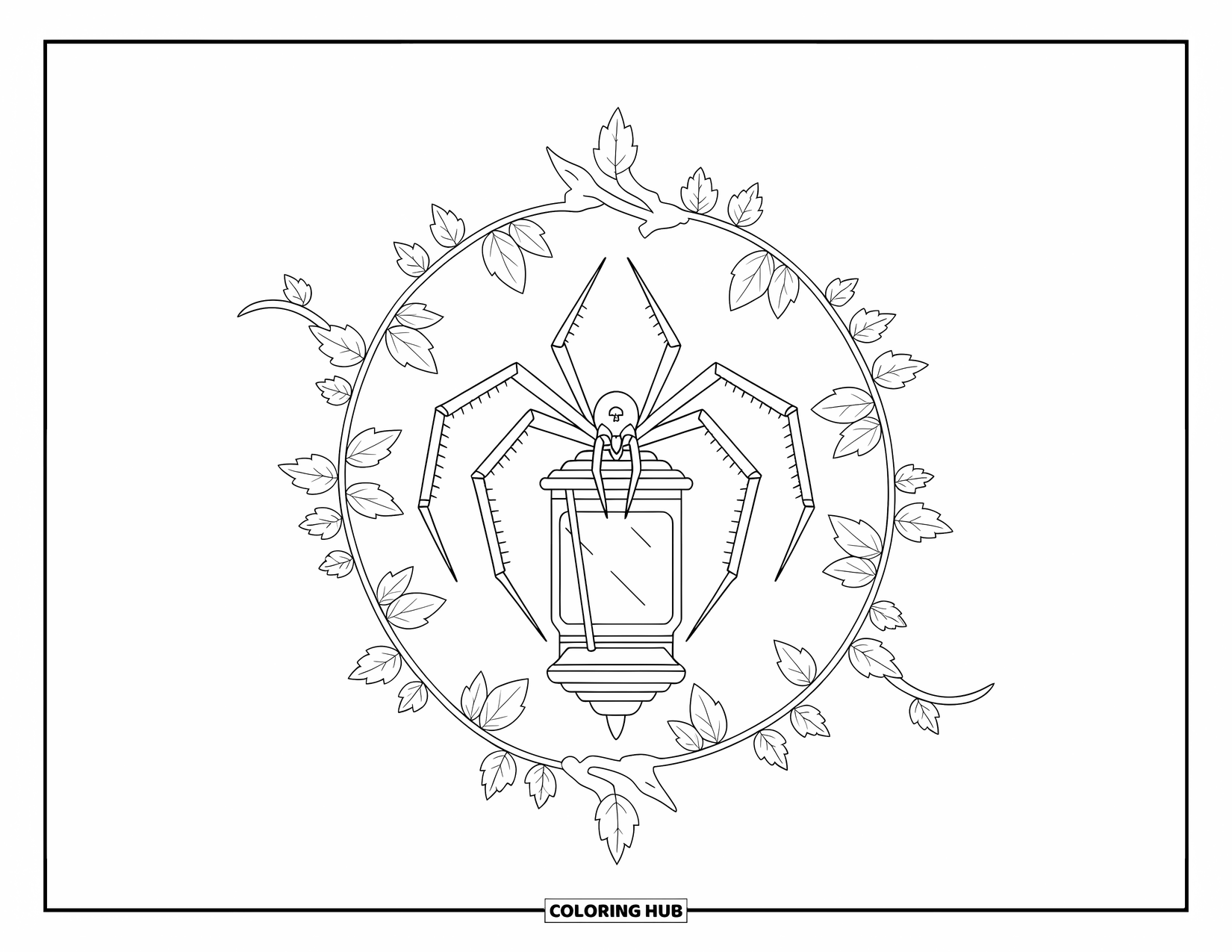 Spinnen-Ausmalbild für Erwachsene: Eine friedliche Spinne auf einer Laterne ist von anmutigem Efeu und eleganten Musterdetails umgeben.