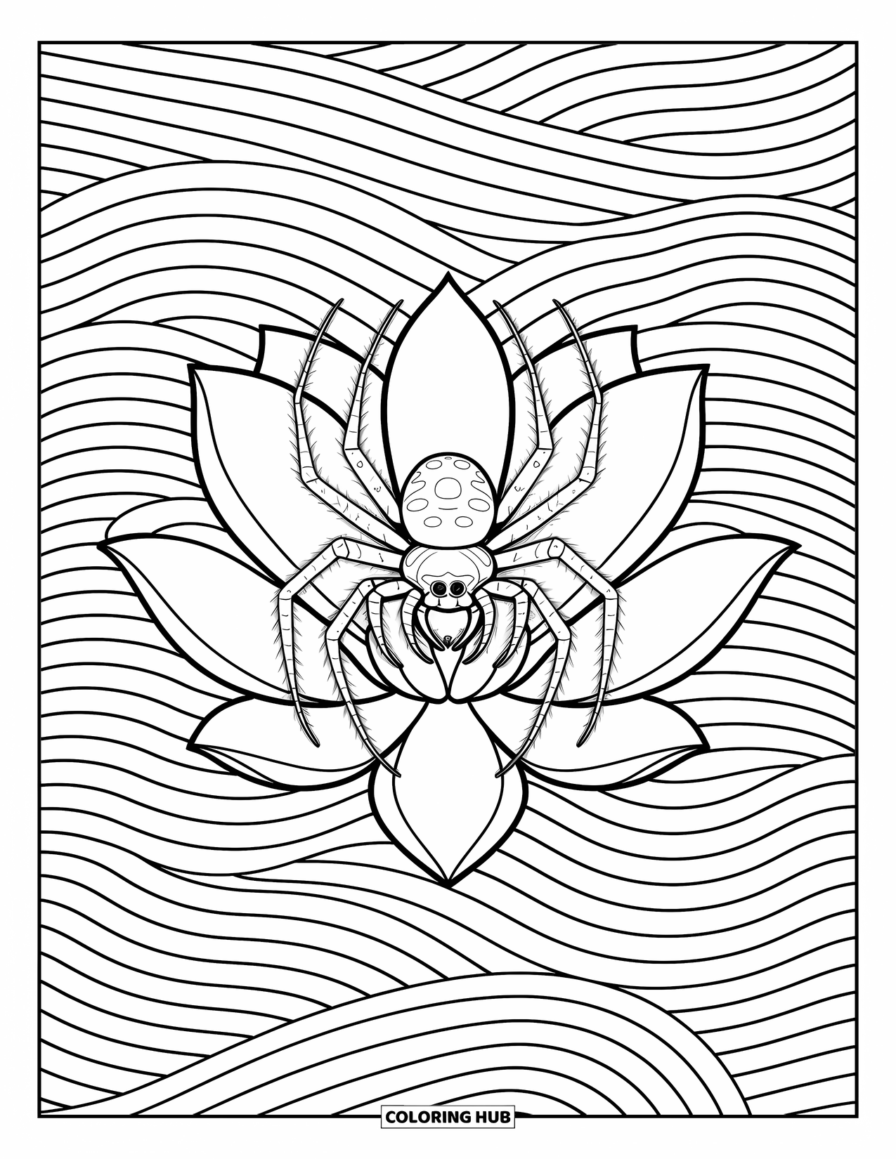 Spinnen-Ausmalbild für Erwachsene: Eine friedliche Spinne sitzt auf einem Lotus, eingehüllt in wirbelnde, sanfte Designs.