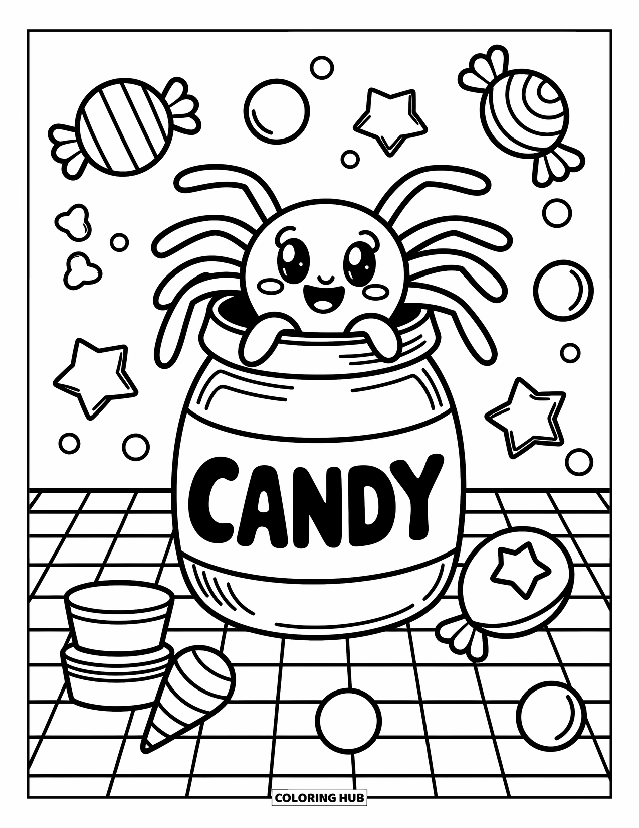 Spinnen-Ausmalbild für Erwachsene: Eine verspielte Spinne springt aus einem Bonbonglas, wobei Süßigkeiten und Gummibärchen herausquellen.