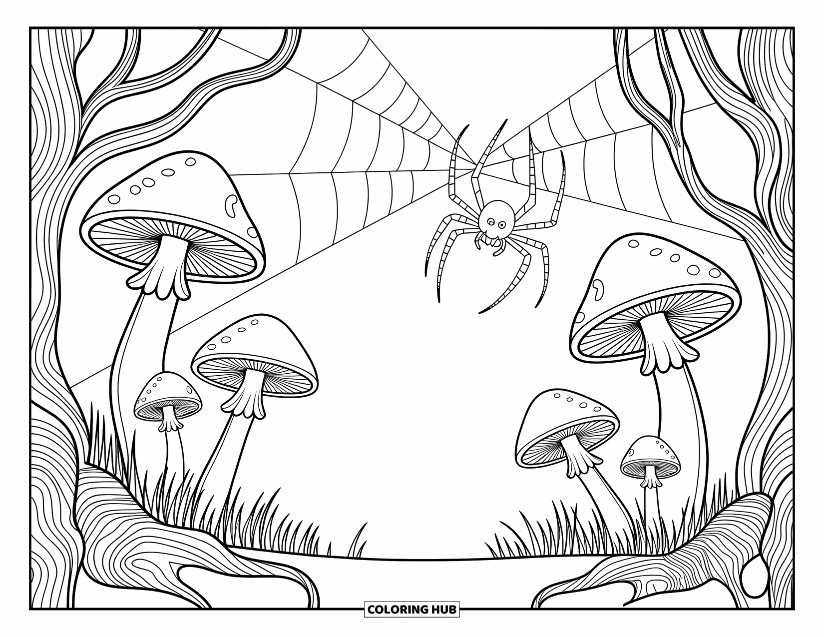 Spinnen-Ausmalbild für Erwachsene: Eine ruhige Spinne spinnt ein Netz unter Pilzen in einem friedlichen Wald.