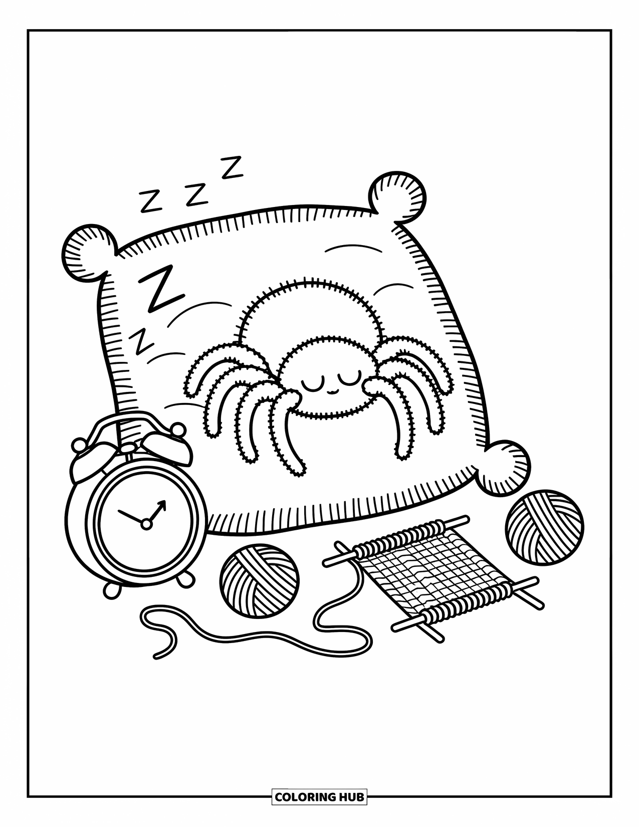 Spinnen-Ausmalbild für Erwachsene: Eine schläfrige Spinne macht friedlich ein Nickerchen auf einem Kissen neben Garn und einer winzigen Uhr.