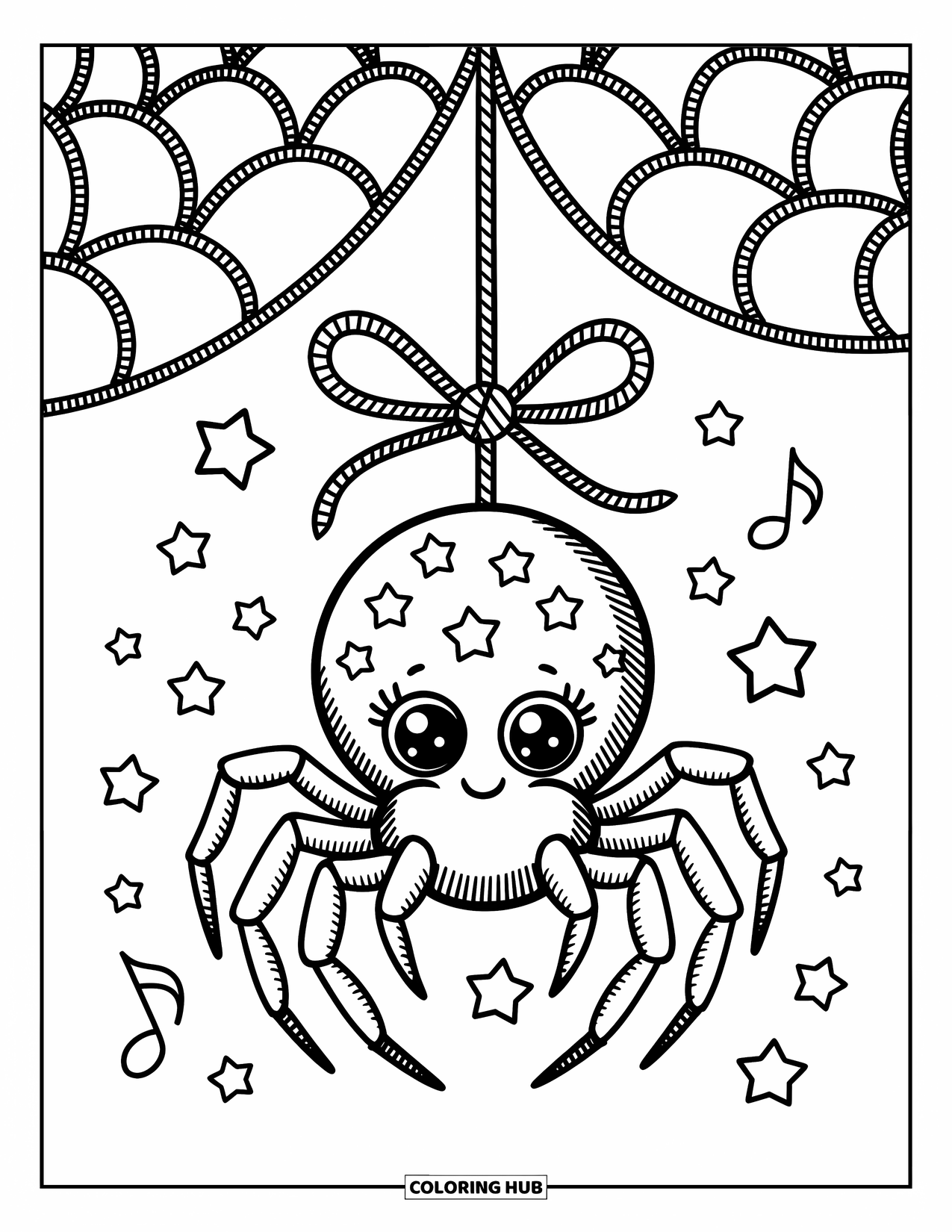 Spinnen-Ausmalbild für Erwachsene: Eine Spinne mit funkelnden Augen schwingt an einem mit einer Schleife versehenen Faden zwischen Sternen und Noten