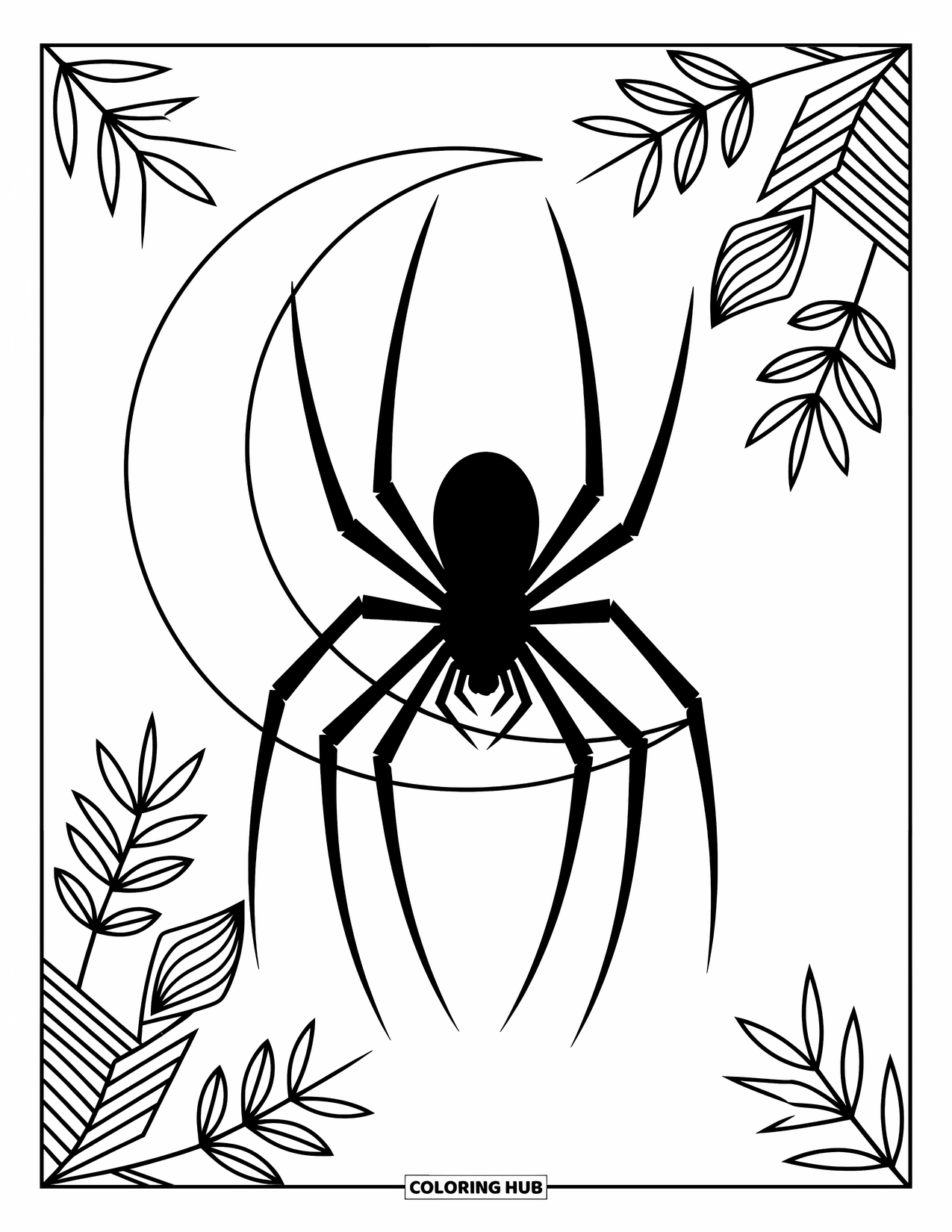 Spinnen-Ausmalbild für Erwachsene: Eine Spinne erscheint vor einer Mondsichel mit schwebenden Blättern und weichen geometrischen Formen.
