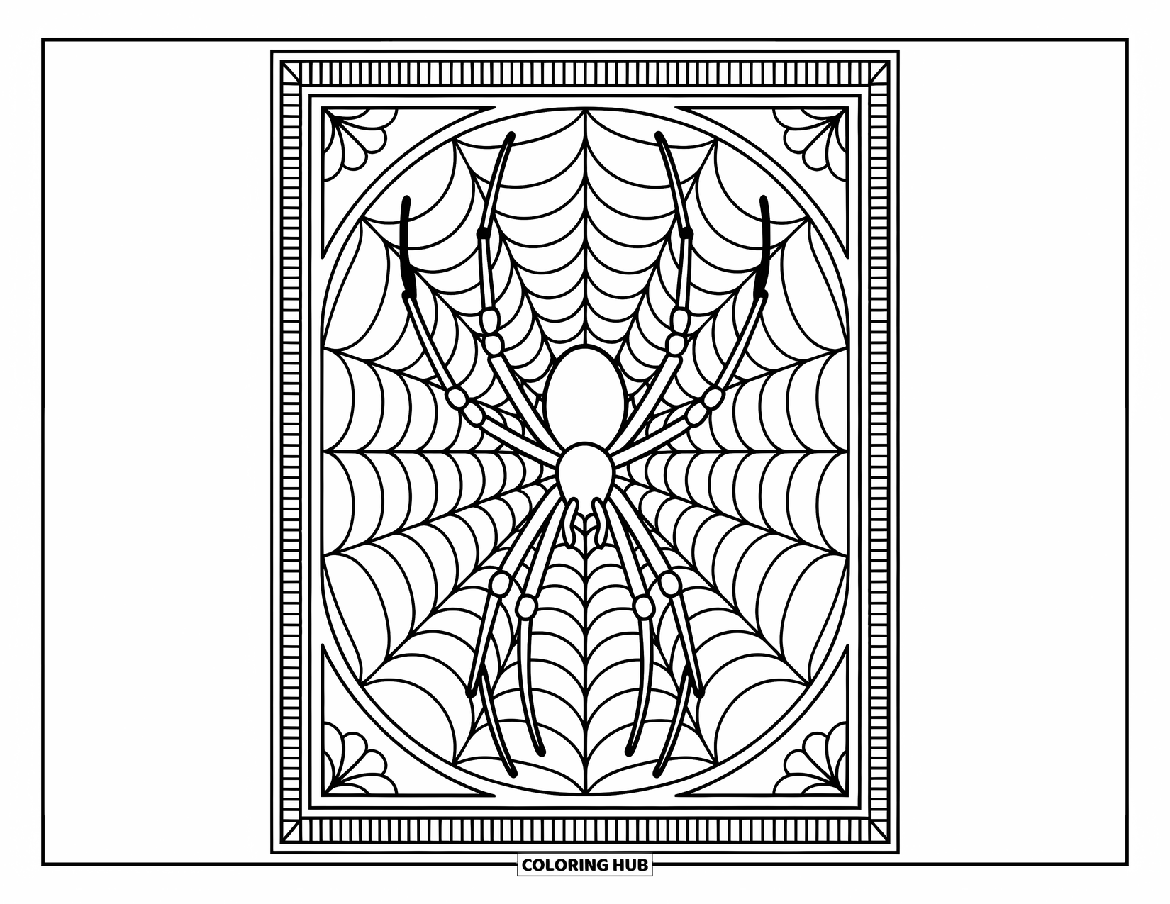 Spinnen-Ausmalbild für Erwachsene: Eine Spinne sitzt in einem vernetzten Fenster, das von wunderschönen, fließenden Musterdesigns begrenzt wird.