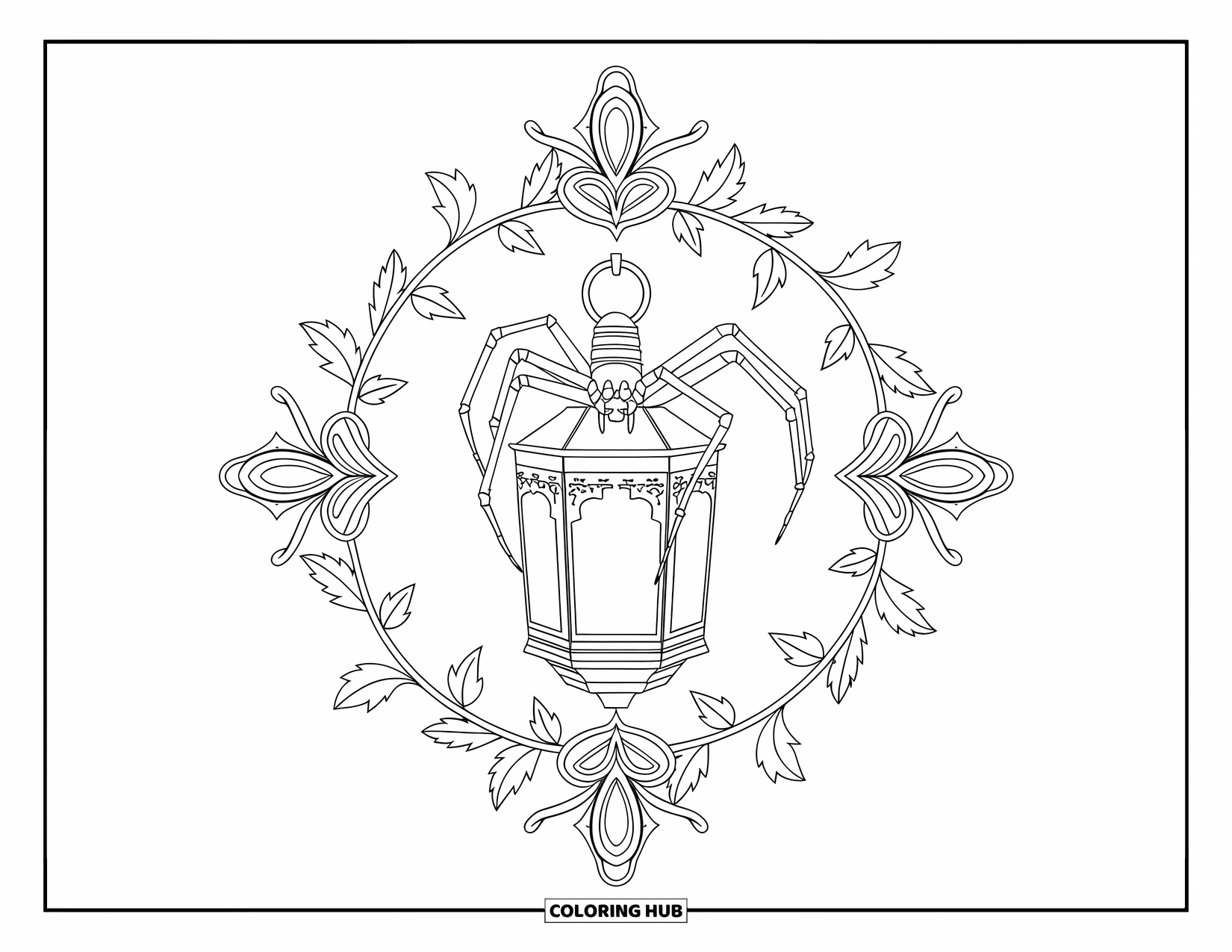 Spinnen-Ausmalbild für Erwachsene: Eine Spinne sitzt auf einer Laterne mit sich kräuselndem Efeu und wunderschönen dekorativen Mustern ringsum.