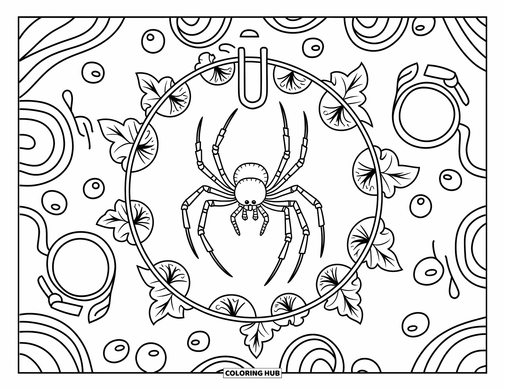 Spinnen-Ausmalbild für Erwachsene: Eine Spinne ruht sanft auf einer Laterne, umgeben von Efeulocken und kunstvollen Mustern.