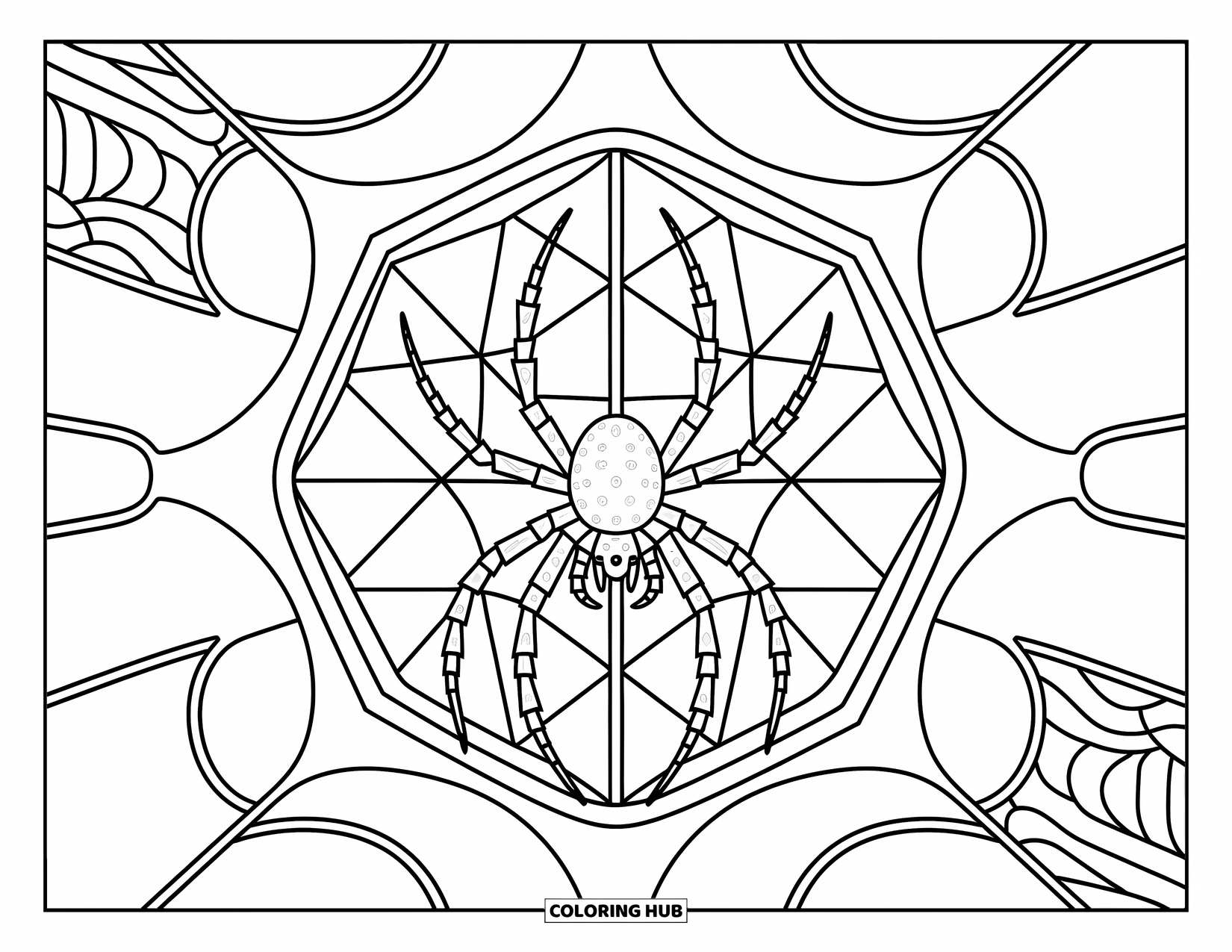 Spinnen-Ausmalbild für Erwachsene: Eine Spinne ruht in einem vernetzten Buntglasfenster voller eleganter, wirbelnder Muster.