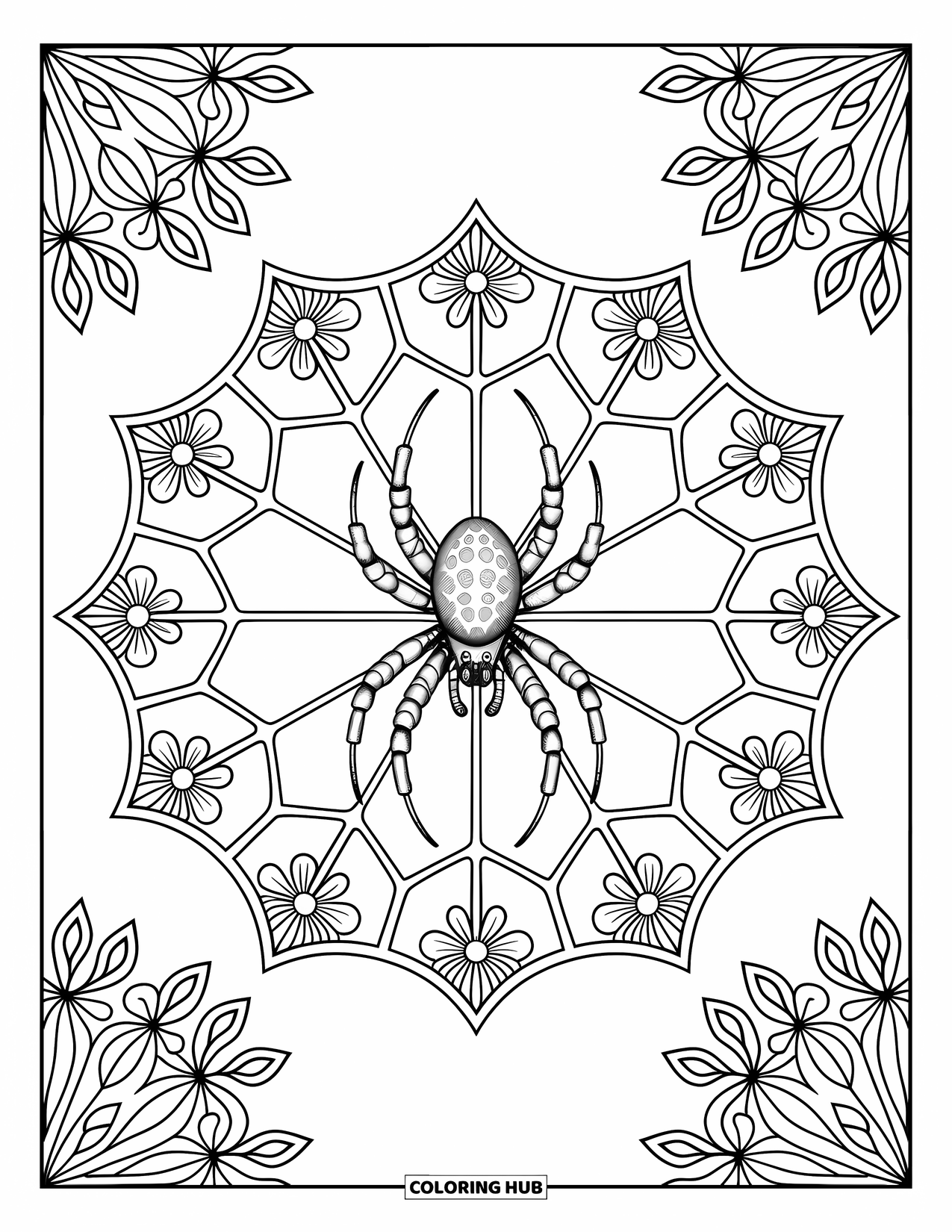 Spinnen-Ausmalbild für Erwachsene: Eine Spinne sitzt ruhig in einem Mandala-Netz, umgeben von zarten floralen Formen.
