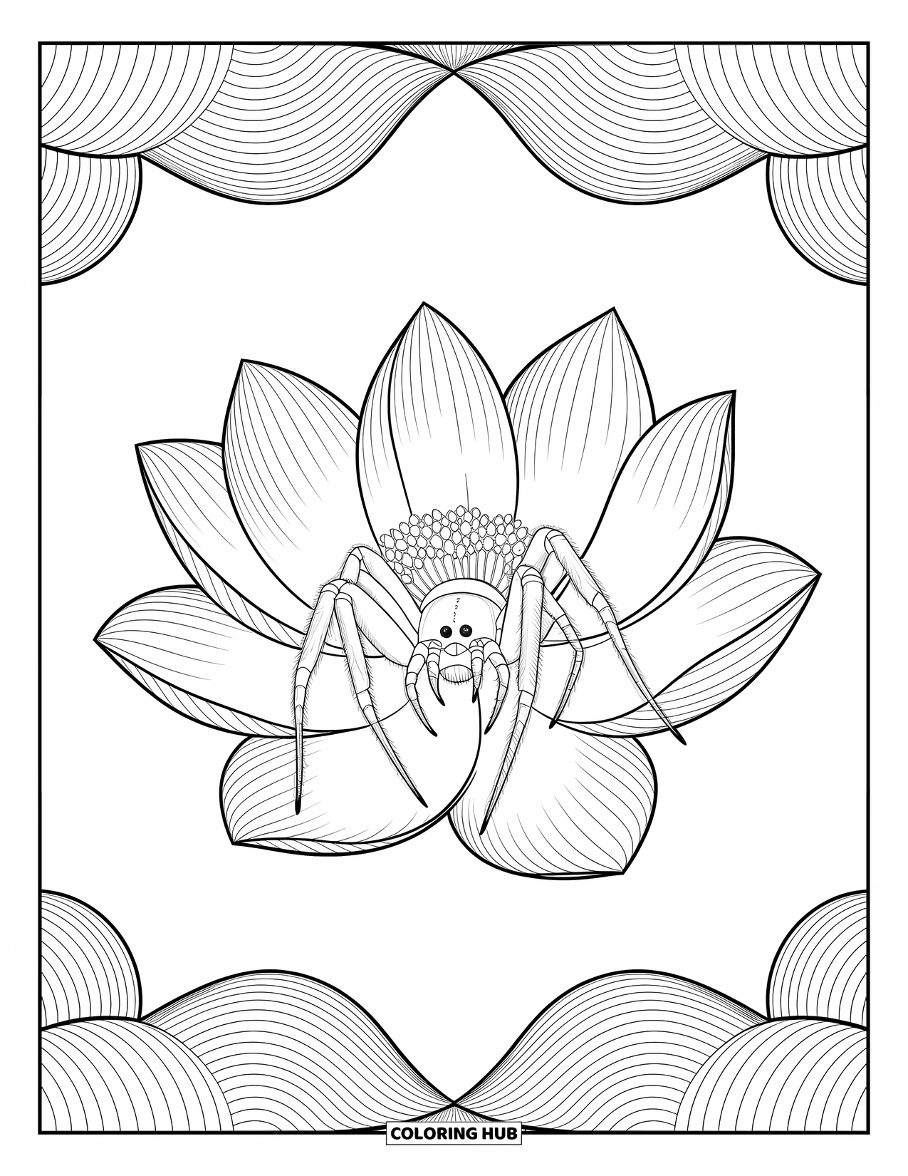 Spinnen-Ausmalbild für Erwachsene: Eine Spinne sitzt ruhig auf einem blühenden Lotus mit Wellen und anmutigen Mustern um sie herum.