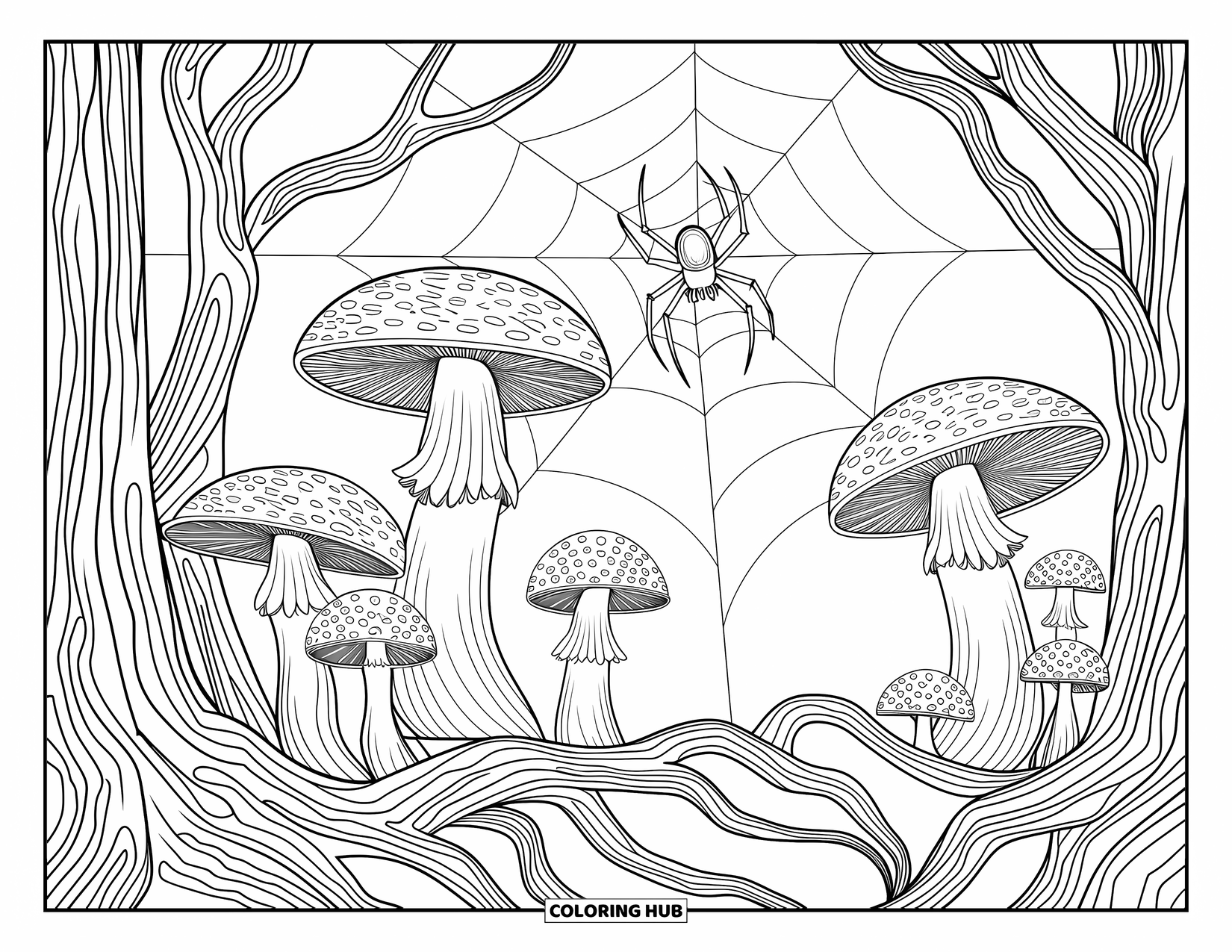 Spinnen-Ausmalbild für Erwachsene: Eine Spinne spinnt ihr Netz zwischen gemusterten Pilzen in einer detailreichen Waldszene.