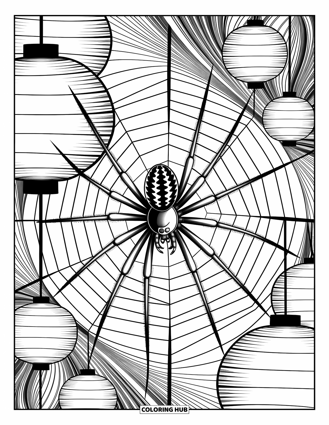 Spinnen-Ausmalbild für Erwachsene: Eine Spinne webt ihr Spiralnetz zwischen Laternen und fließenden abstrakten Mustern.