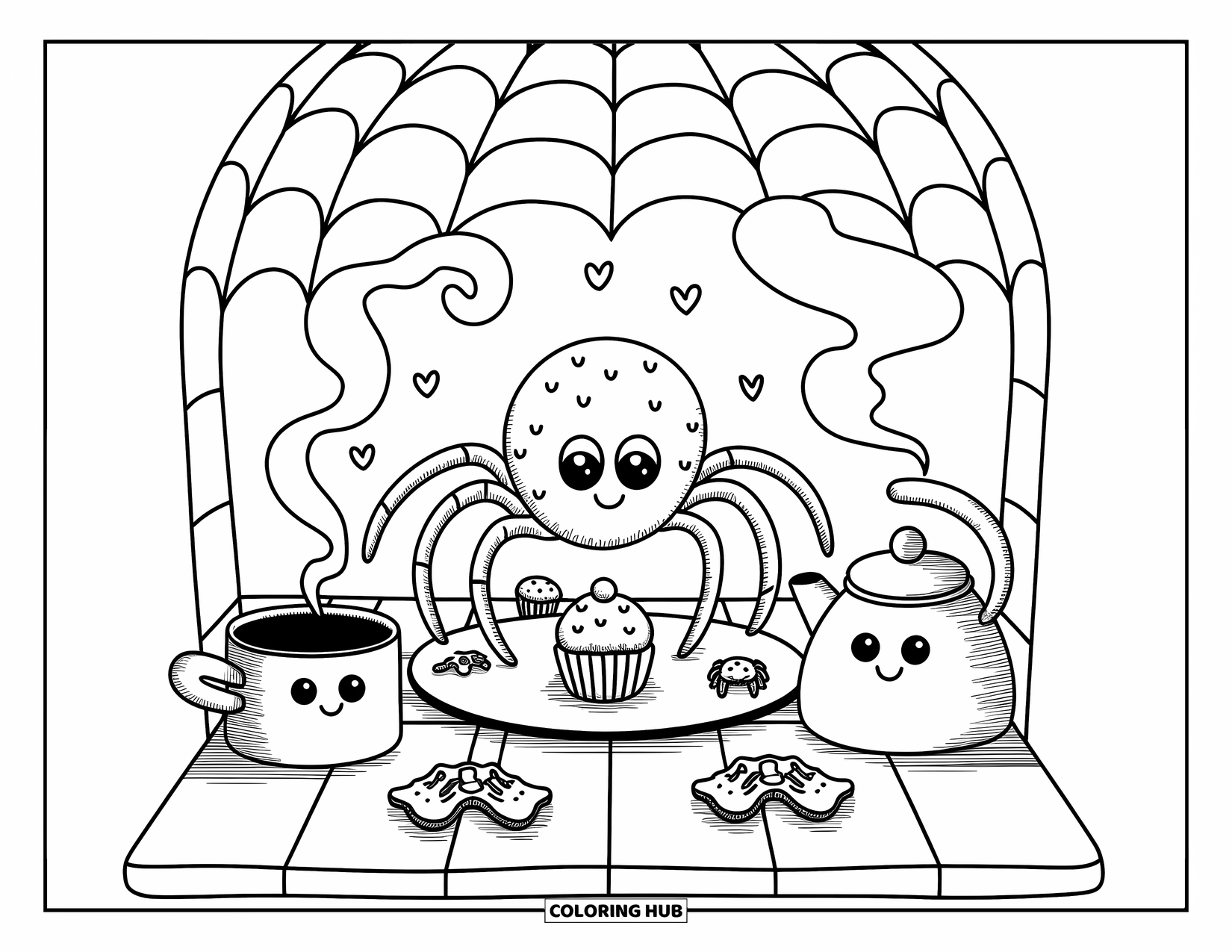 Spinnen-Ausmalbild für Erwachsene: Eine süße Spinne backt Cupcakes in einer gemütlichen Küche voller winziger Werkzeuge und Liebe.