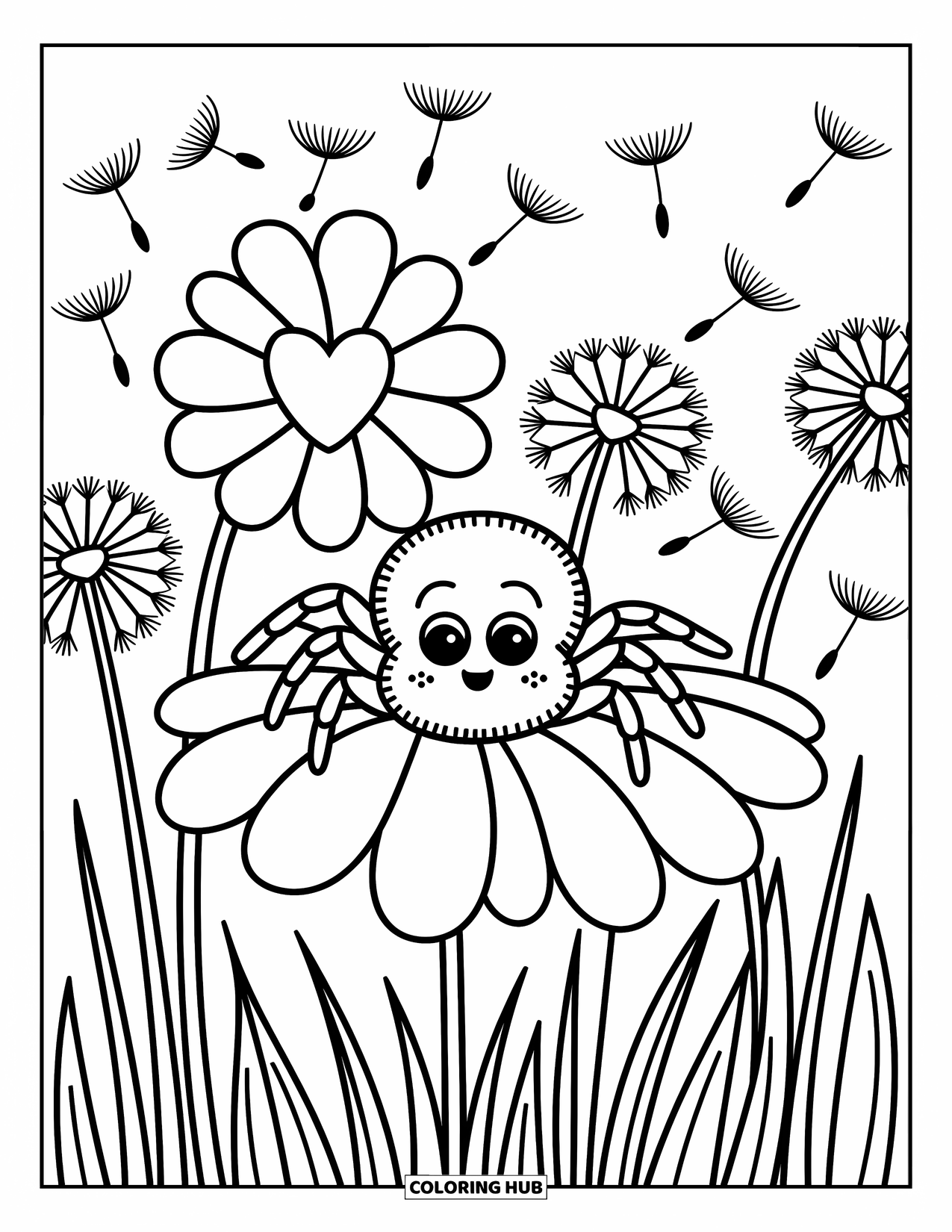Spinnen-Ausmalbild für Erwachsene: Eine süße Spinne lugt neugierig hinter einer Blume hervor, während Löwenzahn durch die Luft schwebt.
