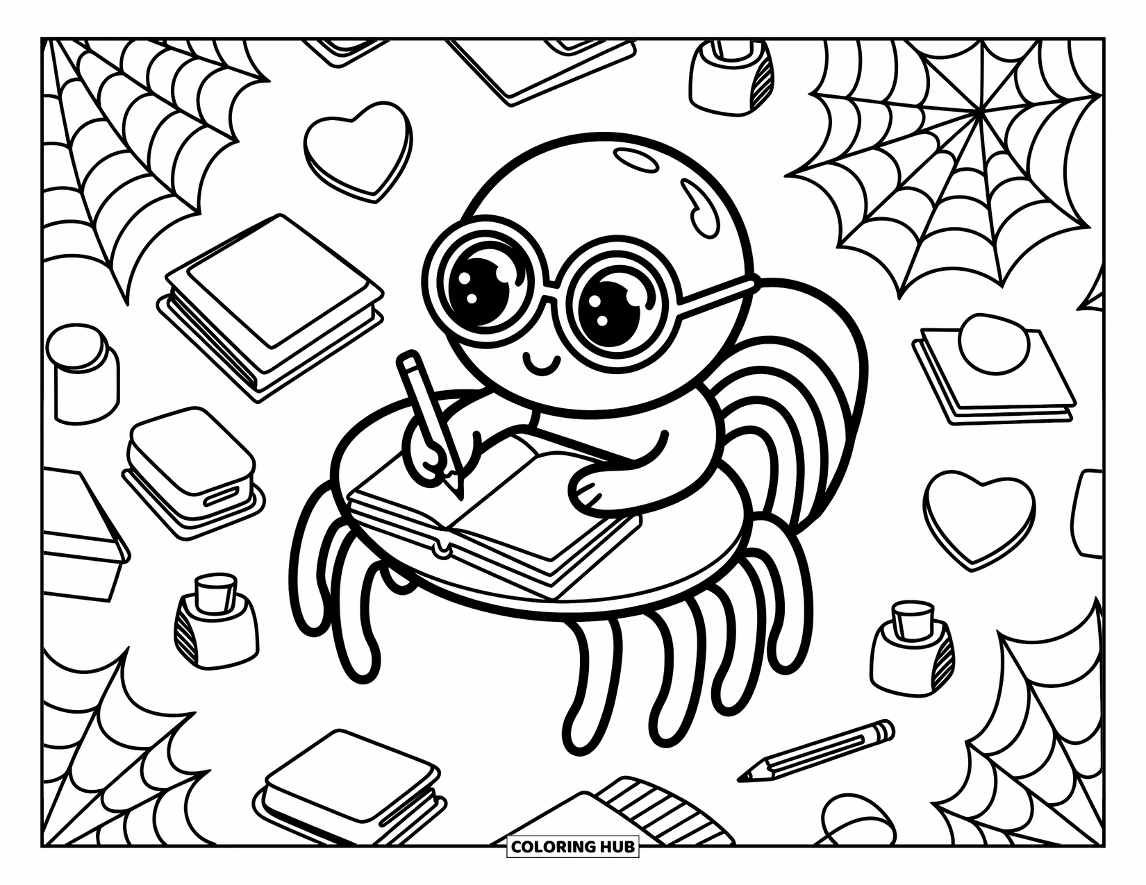 Spinnen-Ausmalbild für Erwachsene: Eine süße Spinne schreibt in ihr Tagebuch an einem winzigen Schreibtisch voller niedlicher Utensilien.
