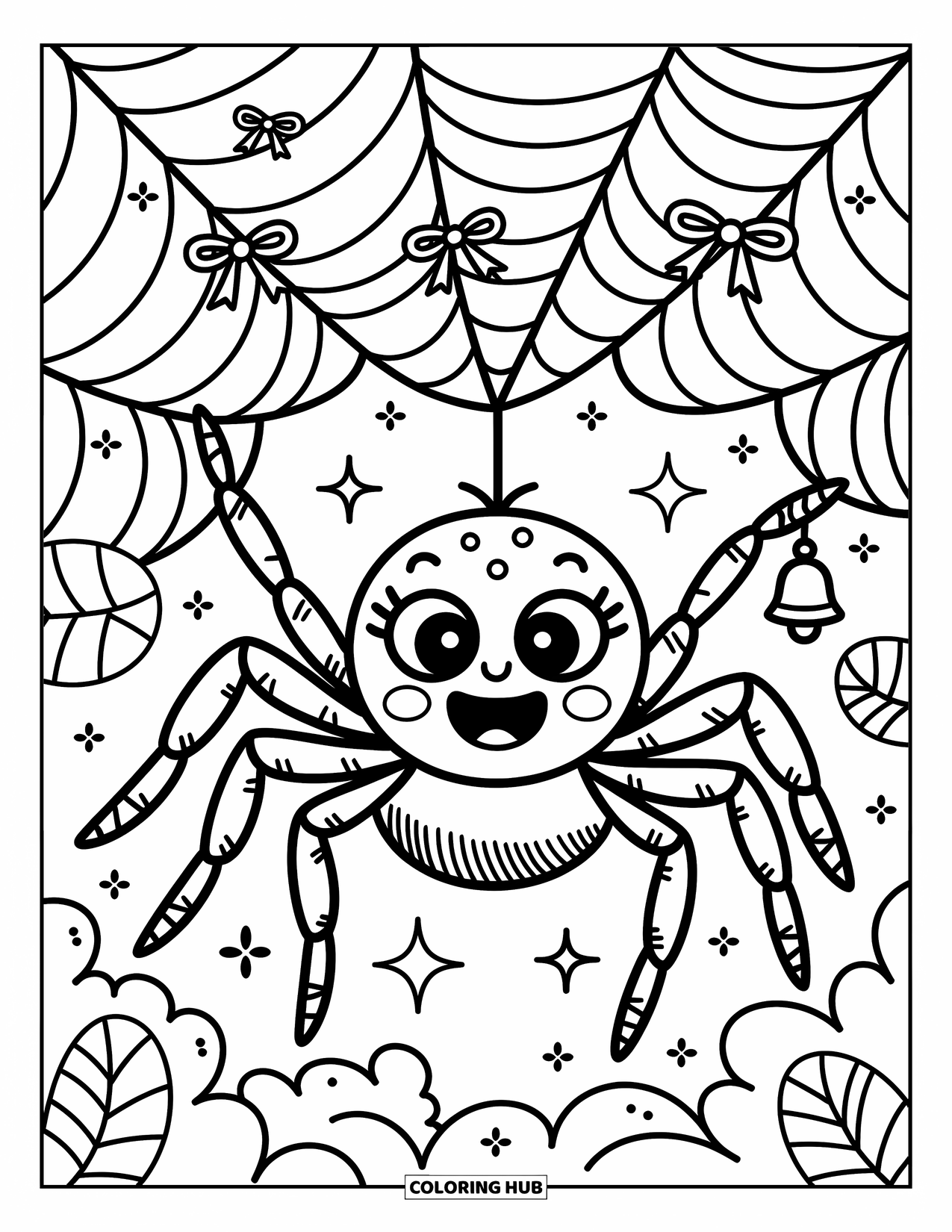 Spinnen-Ausmalbild für Erwachsene: Eine winzige Spinne schmückt ihr Netz glücklich mit Schleifen, Sternen und einer kleinen Glocke.
