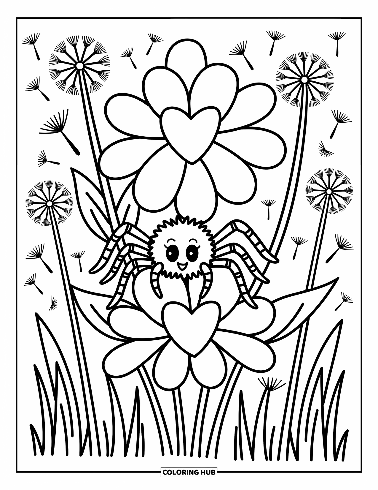 Spinnen-Ausmalbild für Erwachsene: Eine winzige Spinne versteckt sich hinter einer Blume, während flauschige Löwenzahne durch den Garten treiben