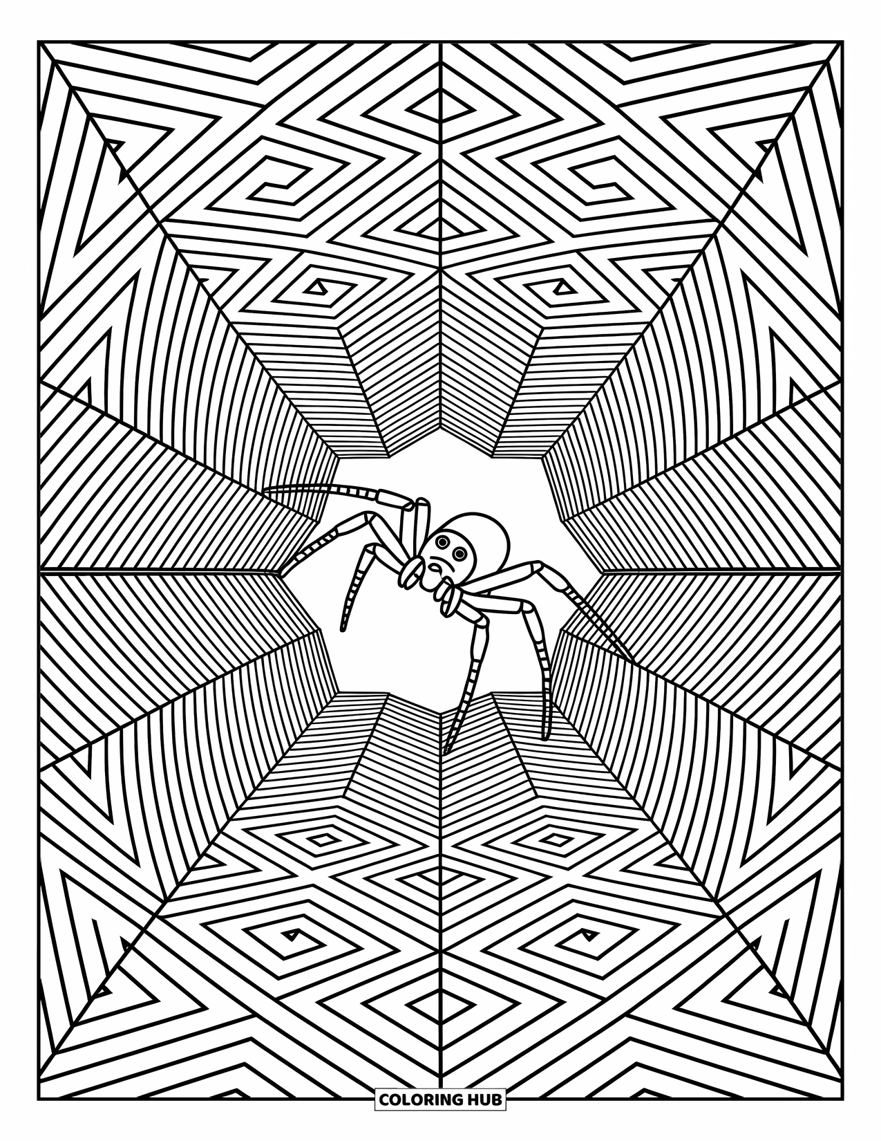 Spinnen-Ausmalbild für Erwachsene: Eine winzige Spinne springt durch einen Wirbel sich wiederholender Formen und Muster.