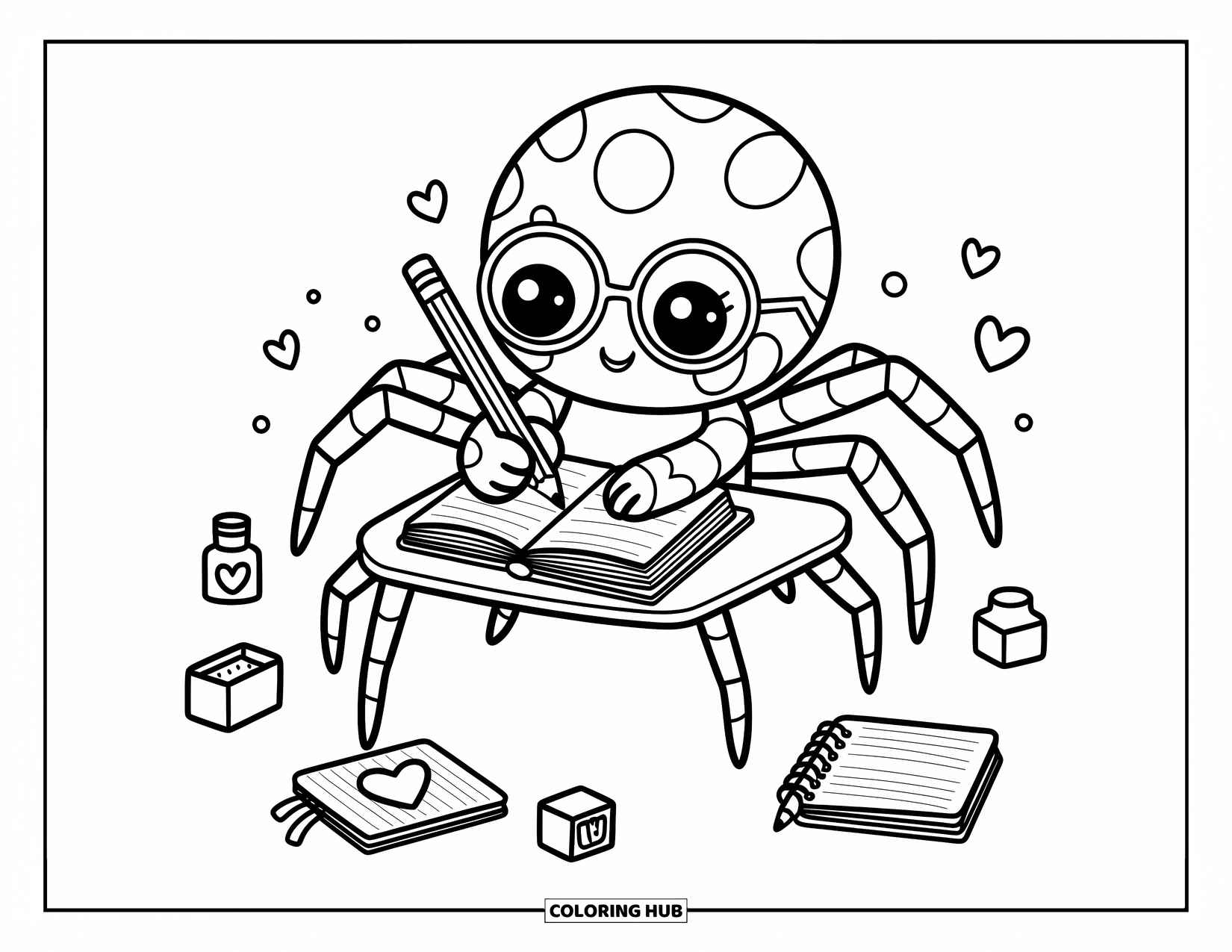 Spinnen-Ausmalbild für Erwachsene: Eine winzige Spinne mit Brille schreibt in ein Tagebuch, umgeben von verspielten, gemütlichen Schreibtischutensilien.