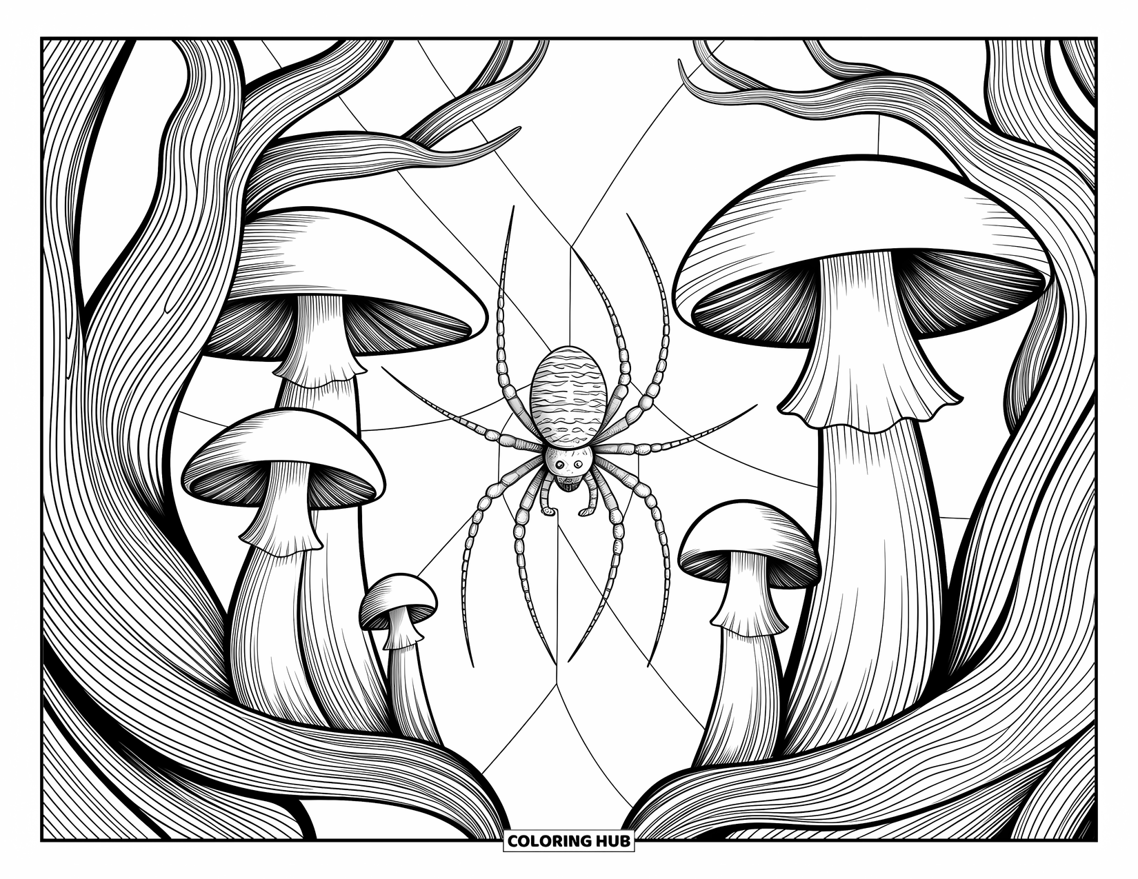 Spinnen-Ausmalbild für Erwachsene: Eine ruhige Spinne webt zwischen Pilzen unter Bäumen mit Wurzeln und Rinde voller Details.